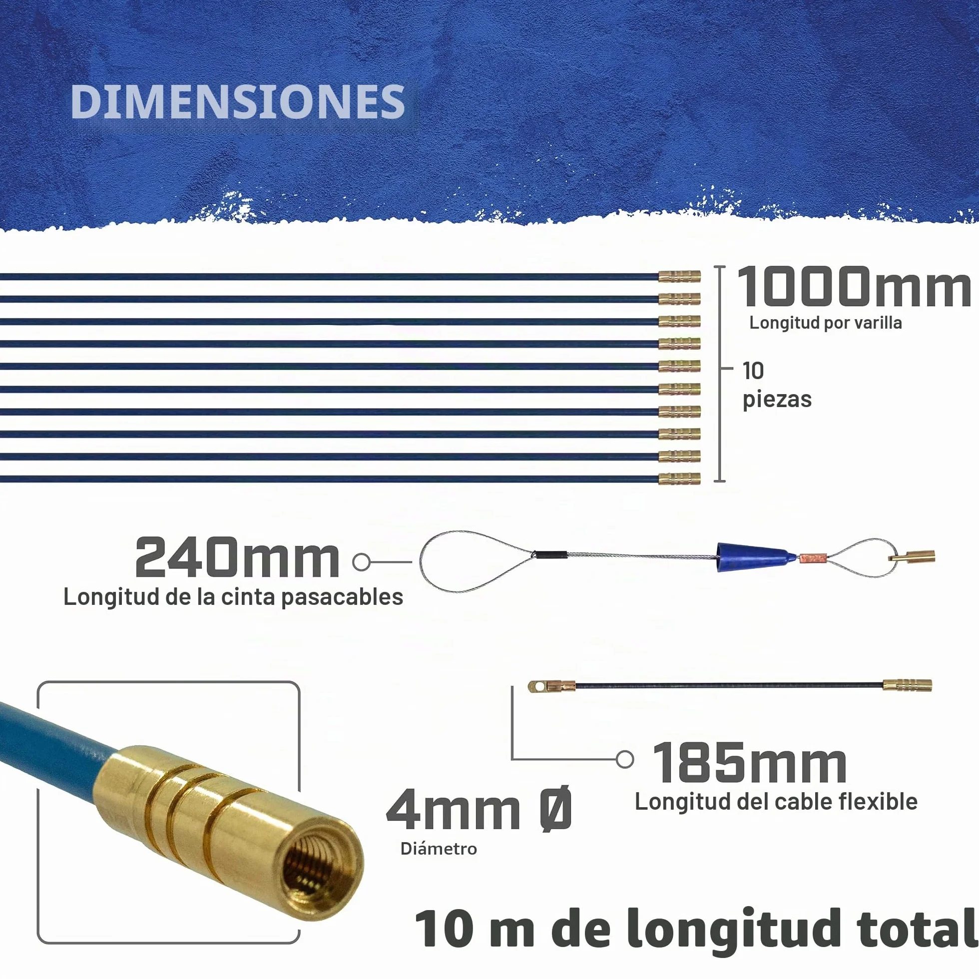 Kit de tire-câbles Faithfull – 10 mètres, 4 mm de diamètre – Kit de 15 pièces comprenant 10 tiges en fibre de verre de 1000 mm, un tire-câble de traction et un tube de rangement
