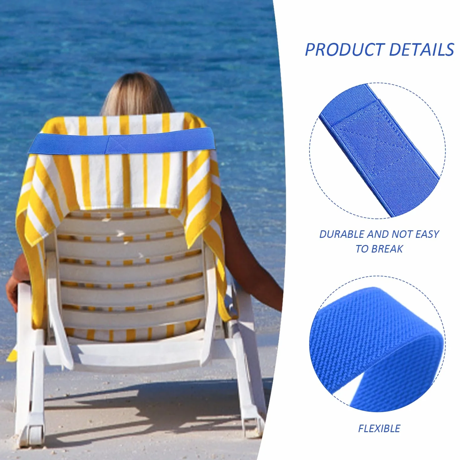 Toallero de 5 piezas con 1 bolsa de almacenamiento de malla, banda elástica, accesorios de playa, correa ajustable, toallero elástico, accesorio de baño de playa