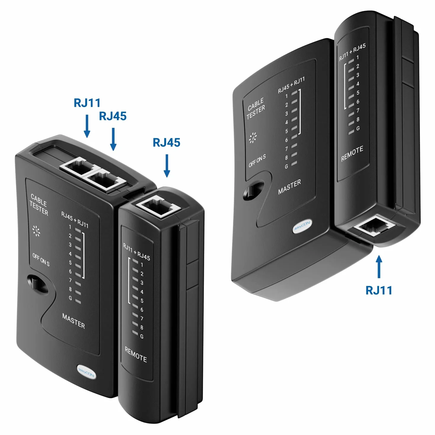 deleyCON Probador de Cable de Red RJ11 RJ12 RJ45 ISDN LAN Cable de Red Cable de Conexión CAT6 CAT7 CAT8 Comprobador de Cables - Negro