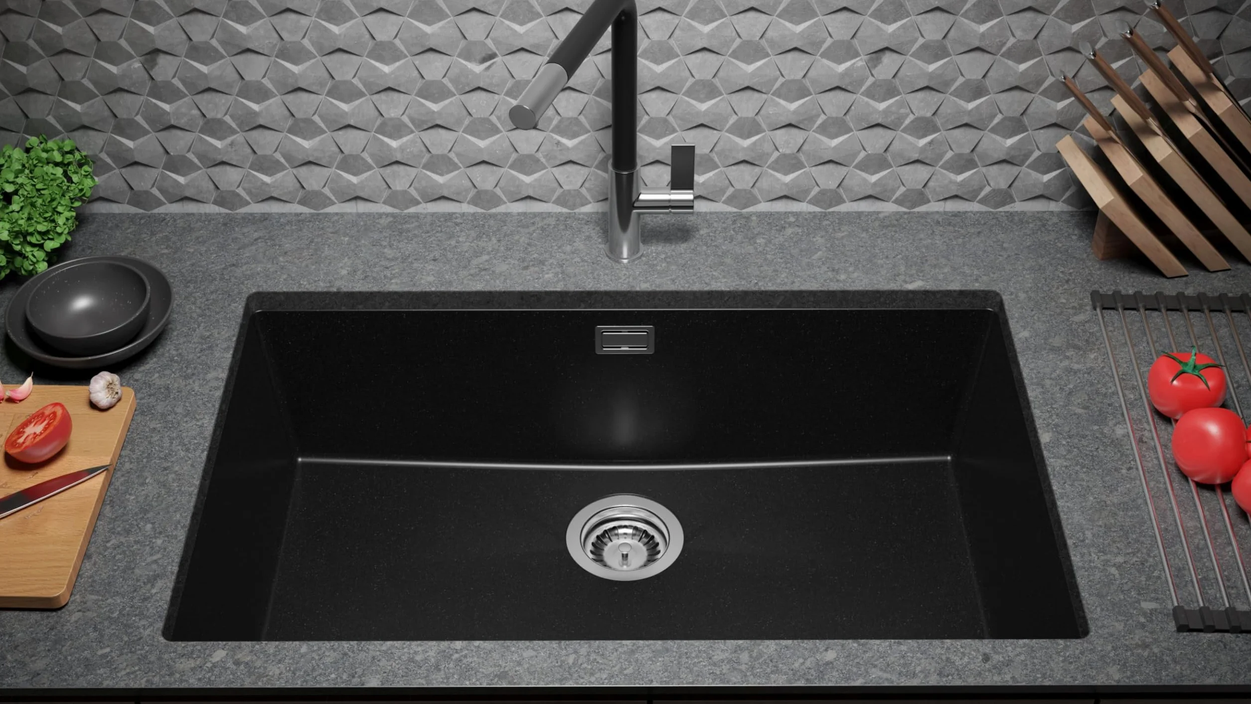 PRIMAGRAN Fregadero bajo Encimera Negro 76x47cm, Cocina 1 Seno + Sifón, Granito al Mueble 80cm - London S477