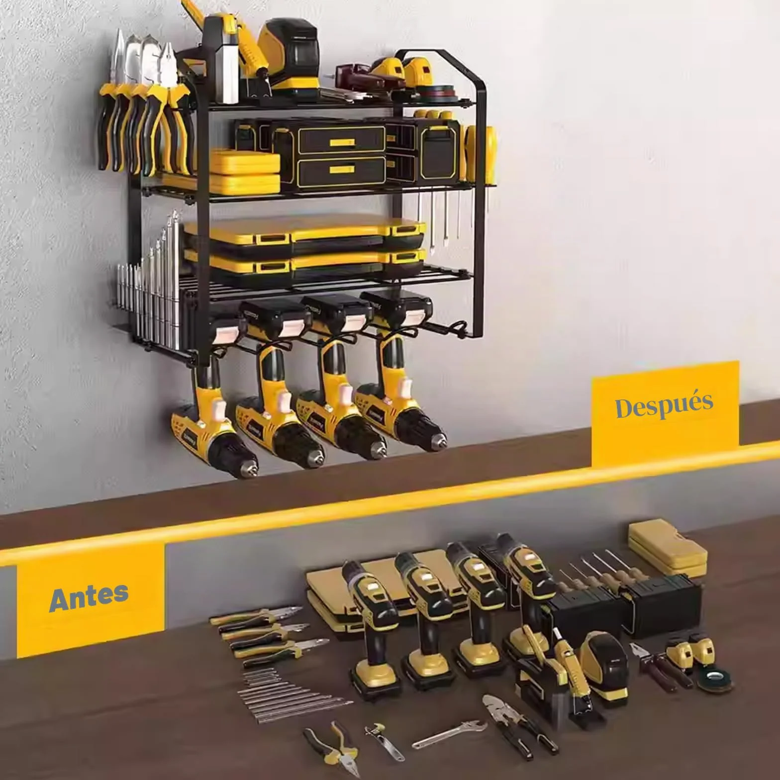 Organizador de herramientas eléctricas de 4 capas, soporte de pared para herramientas de taladro eléctrico, ahorro de espacio, resistente y duradero, fácil de instalar, añade más espacio de