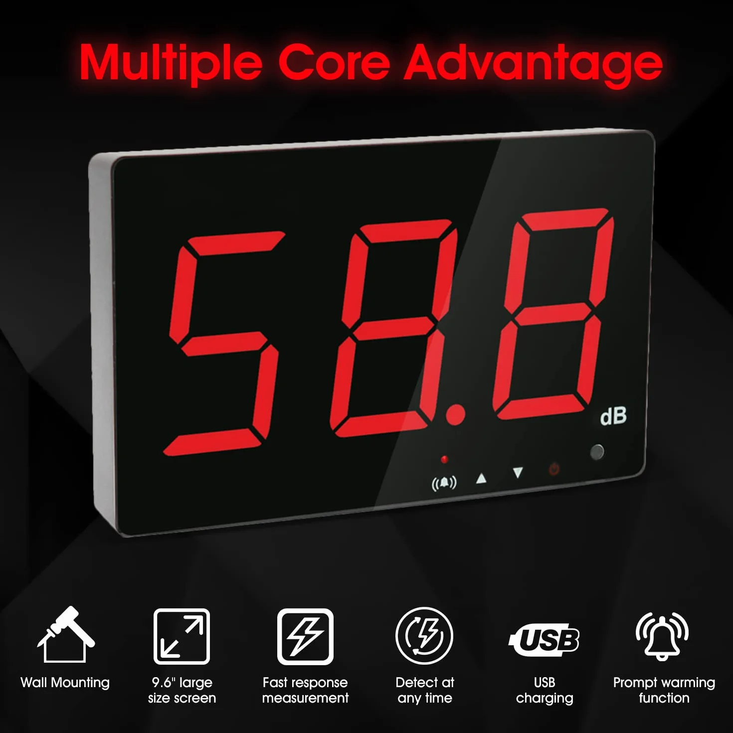 Medidor de Decibelios de Pared 30-130dB con Alarma Pantalla LCD Roja