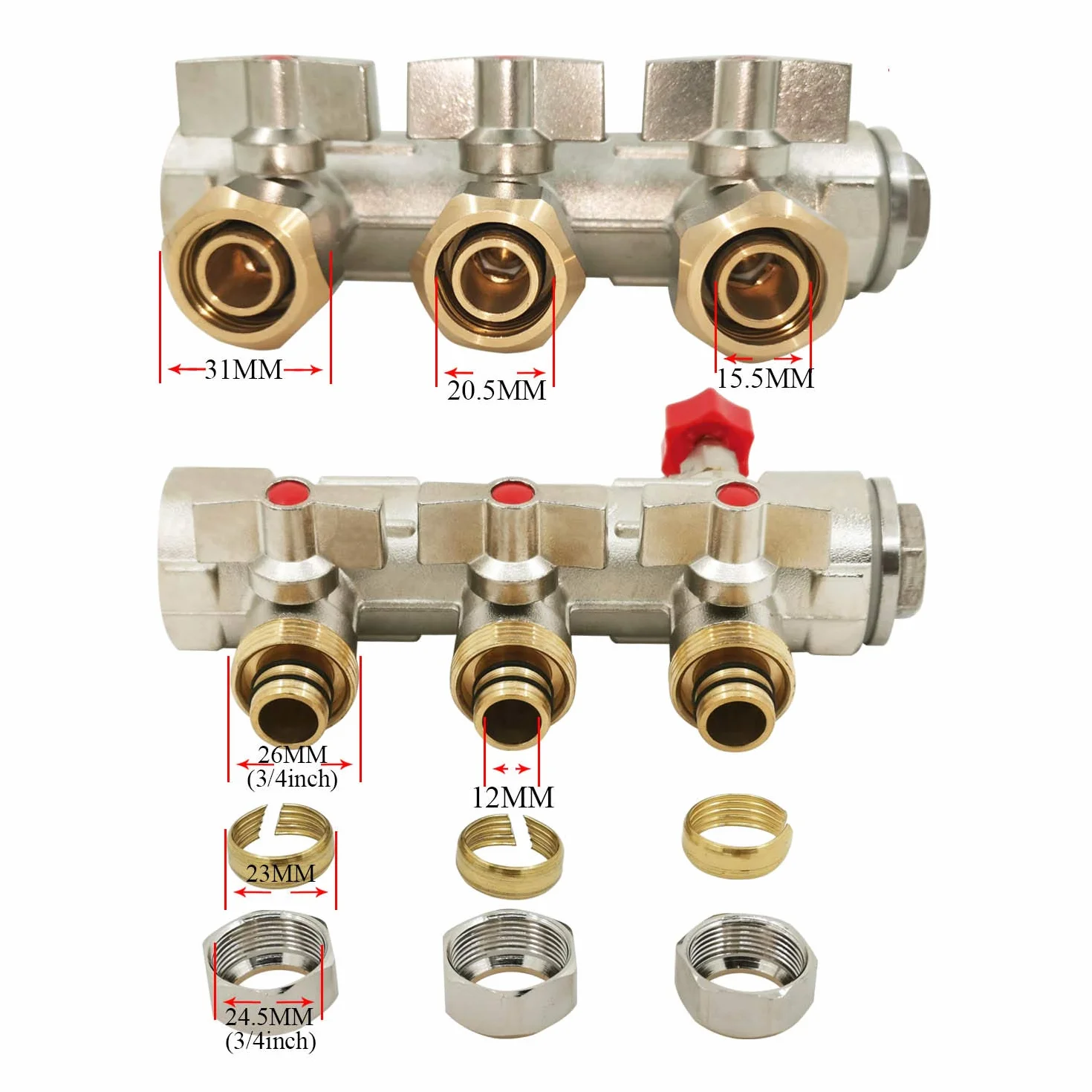 Colector calefaccion suelo radiante por agua 2 3 4 5 6 7 8 salidas para tuberia pex - colector radiadores laton con valvula (3 salidas)