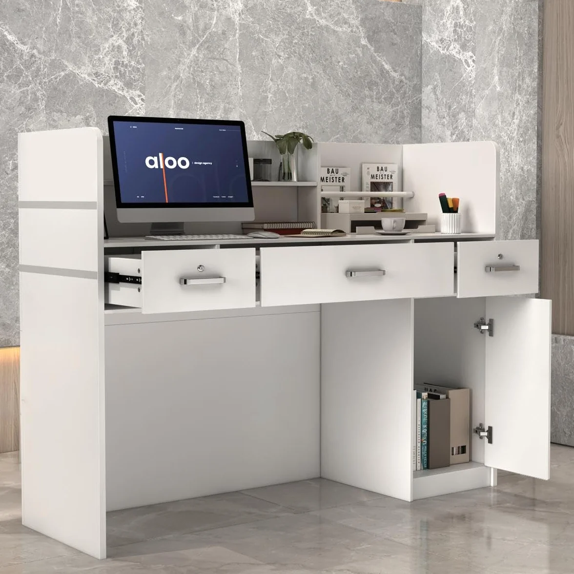 Mueble recepción mostrador oficina 3 cajones 120x48x110 cm Blanco