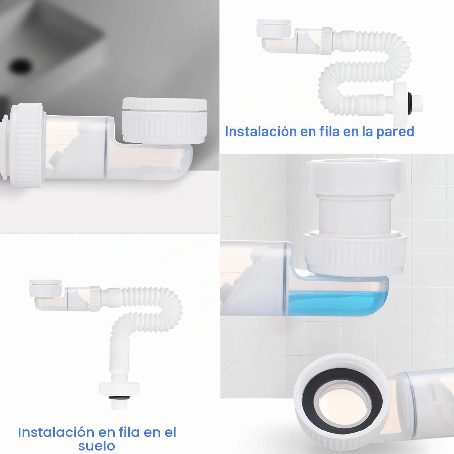 Sifón Flexible 1 1/4 Pulgadas Antiolor Desagüe Fregadero Extensible 380-930mm para Baño y Cocina