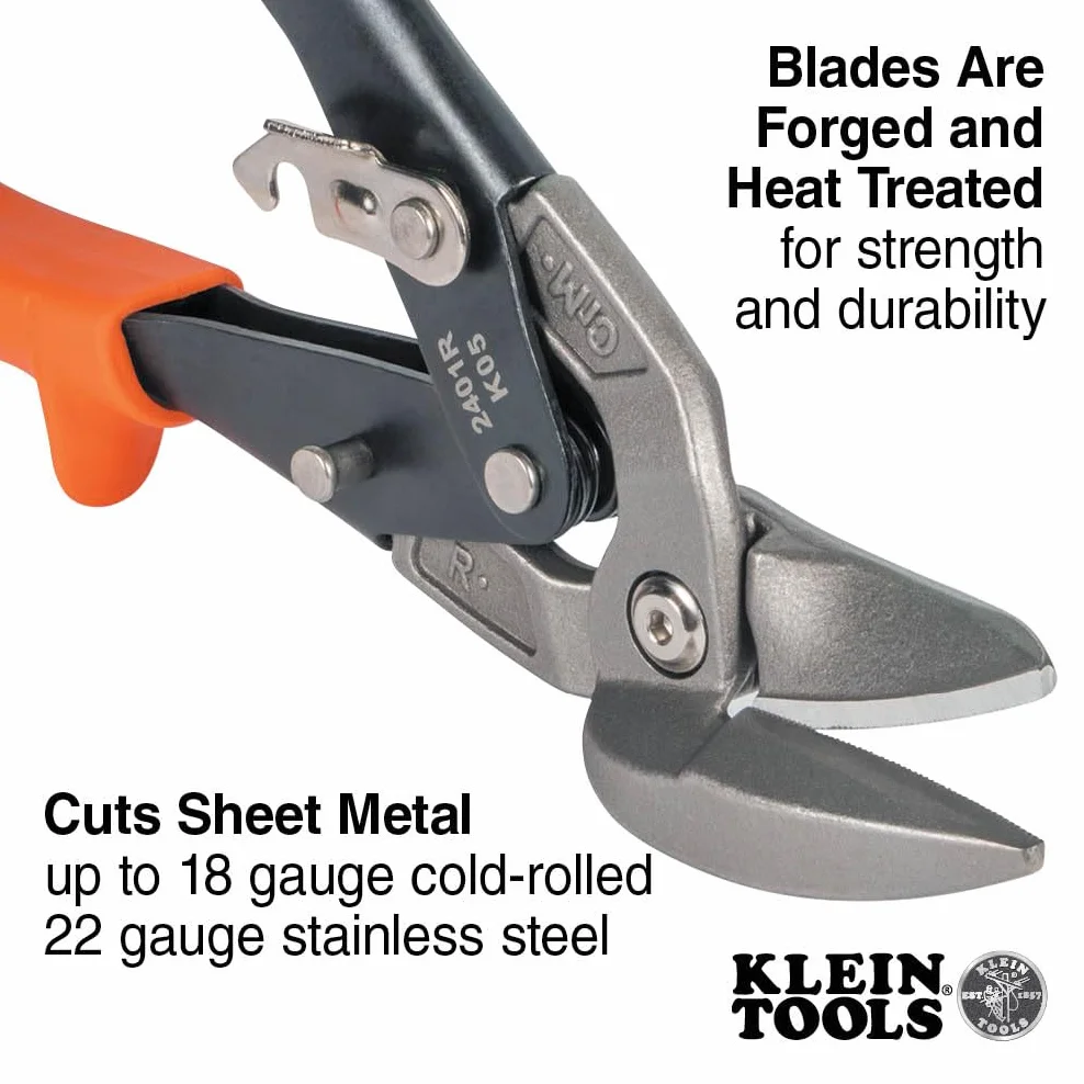 Klein Tools 2401R Tijeras compensadas de corte derecho, tijeras de hojalata de aviación con hoja forjada para corte de chapa de precisión