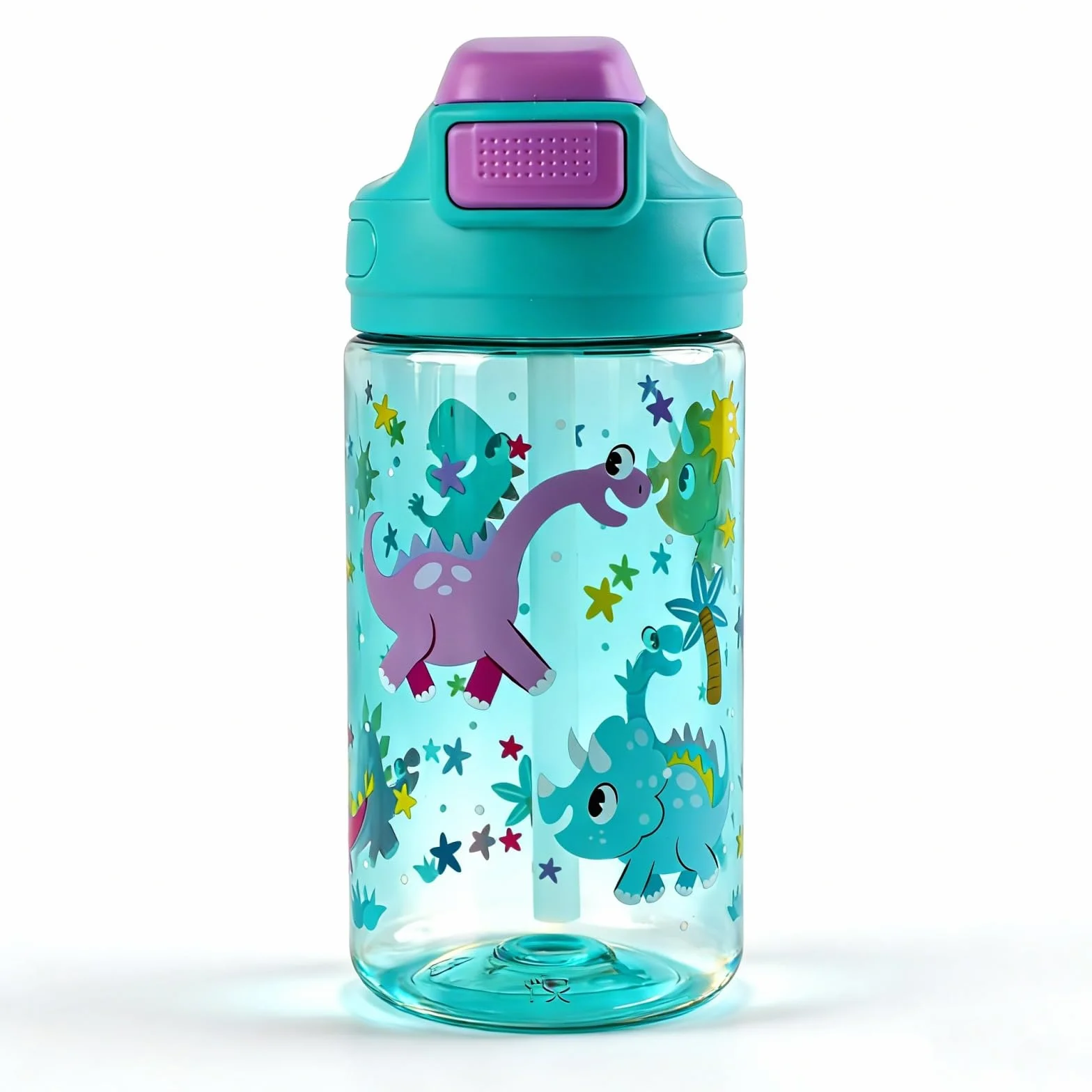Botella Agua Niños 400ml Robusta Sin BPA Apertura Un Solo Toque Fácil Limpiar Pajita Dinosaurio
