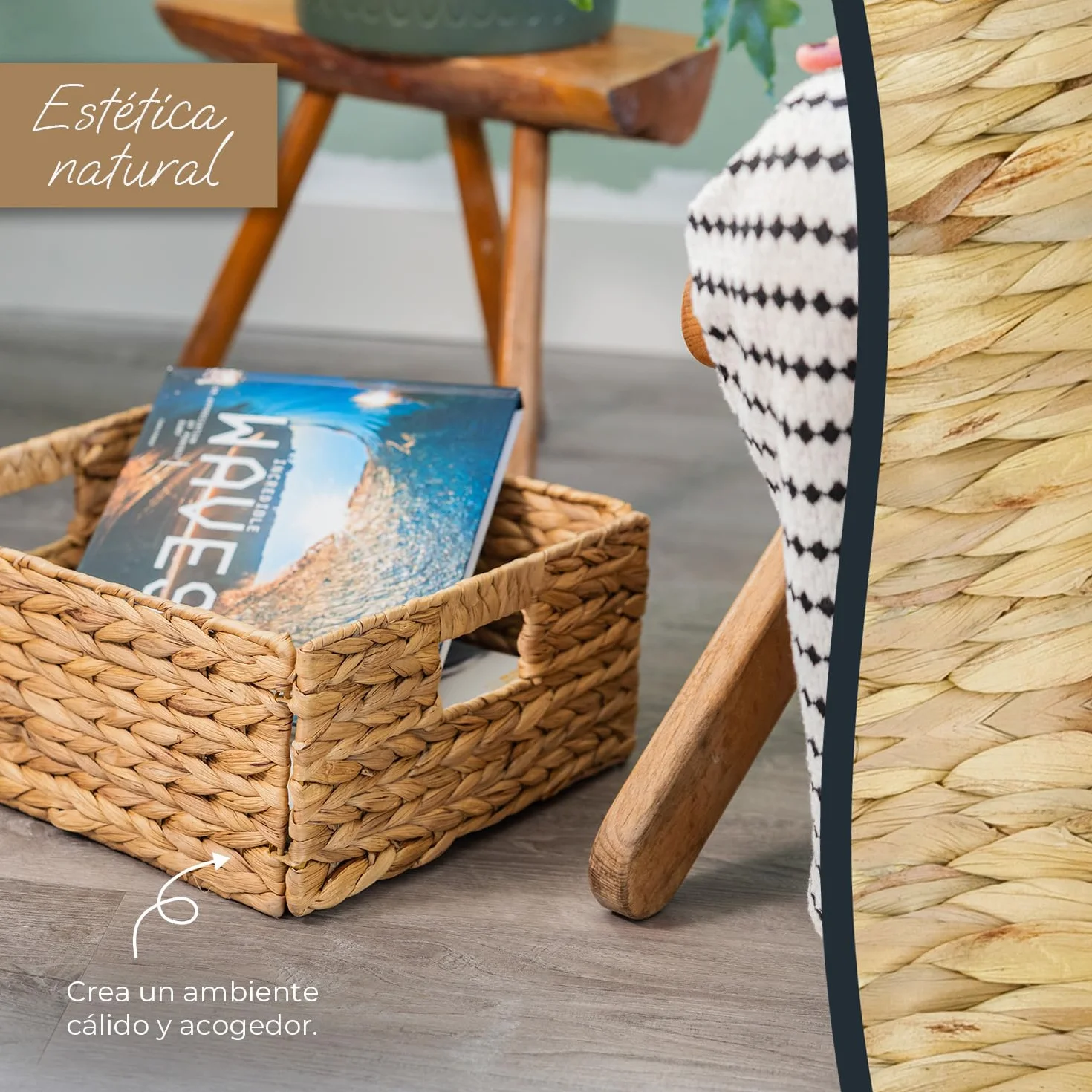 HMF cesta de almacenaje compatible con KALLAX medio compartimento, cesta tejida de jacinto de agua con asas Juego de 2 30x34x15 cm Natural