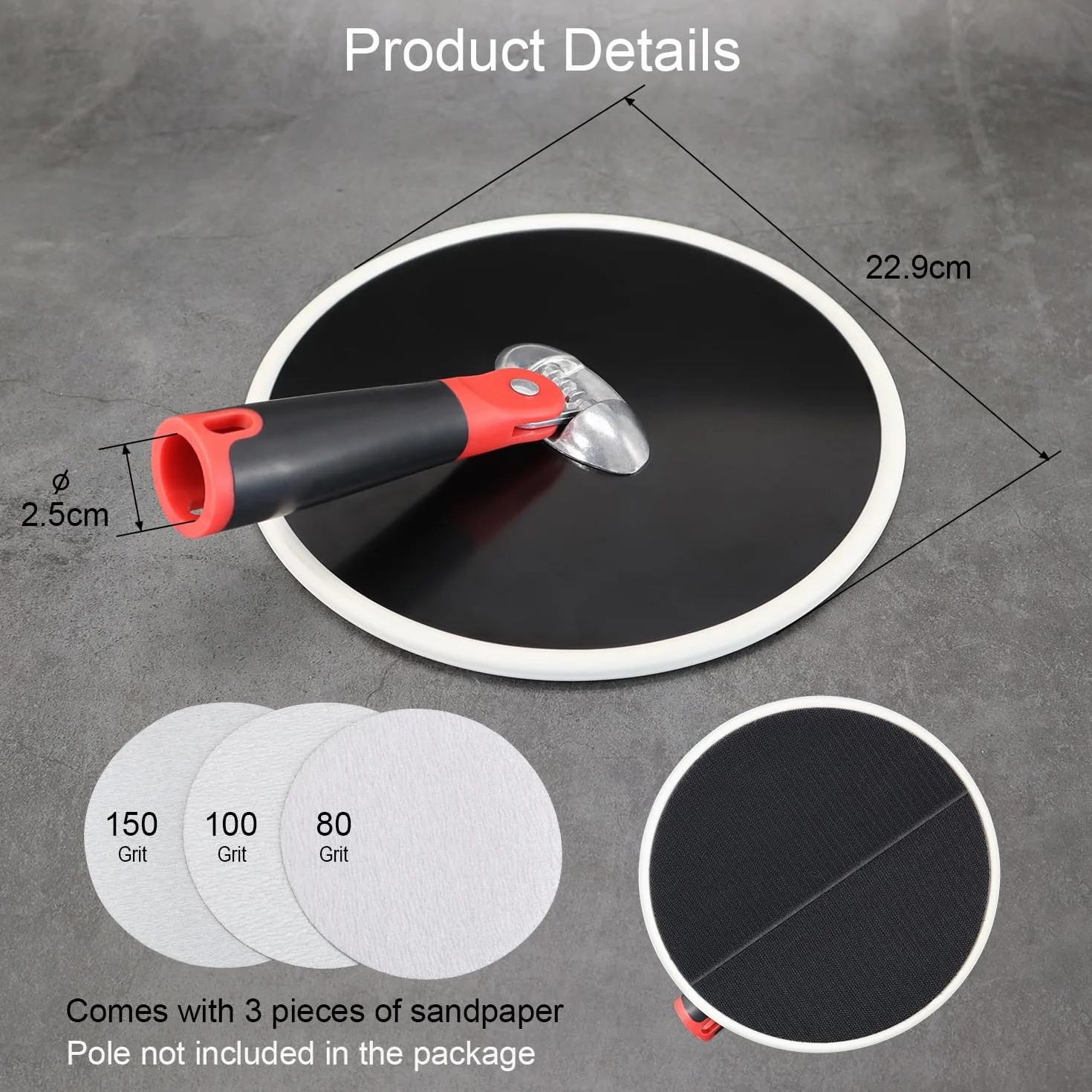 Cabezal de lijadora de mano de radio de 9 pulgadas para pared seca, herramienta de lijado de pintura redonda radial, incluye 3 hojas de lijado de grano 80, 100, 150