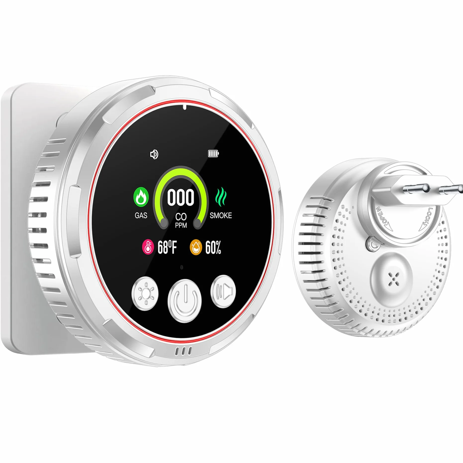 Plug-in 5-en-1 Detector de Humo & Monoxido de Carbono & Combustible Gas Combinación con Batería de Respaldo 1000mAh & HD Pantalla [CO Humo Gas Humedad Temp Alarma] Blanco, HD13-CGS