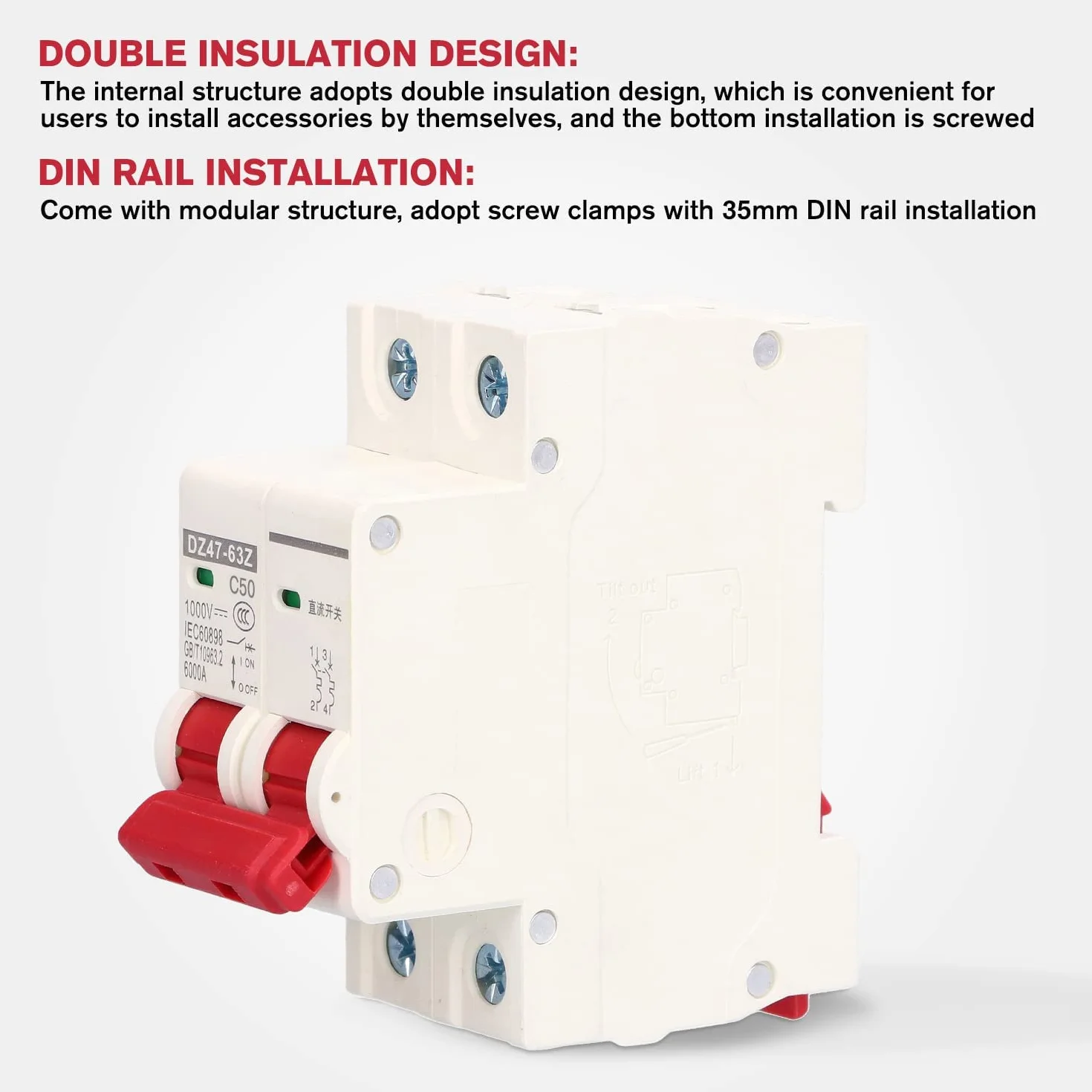 4 Uds DC 1000V Disyuntor, 20A 2P Interruptor Automático Miniatura, Montaje Carril DIN de 35mm de Disyuntores Protección Contra Sobrecargas Interruptor Aire Seguridad para Iluminación