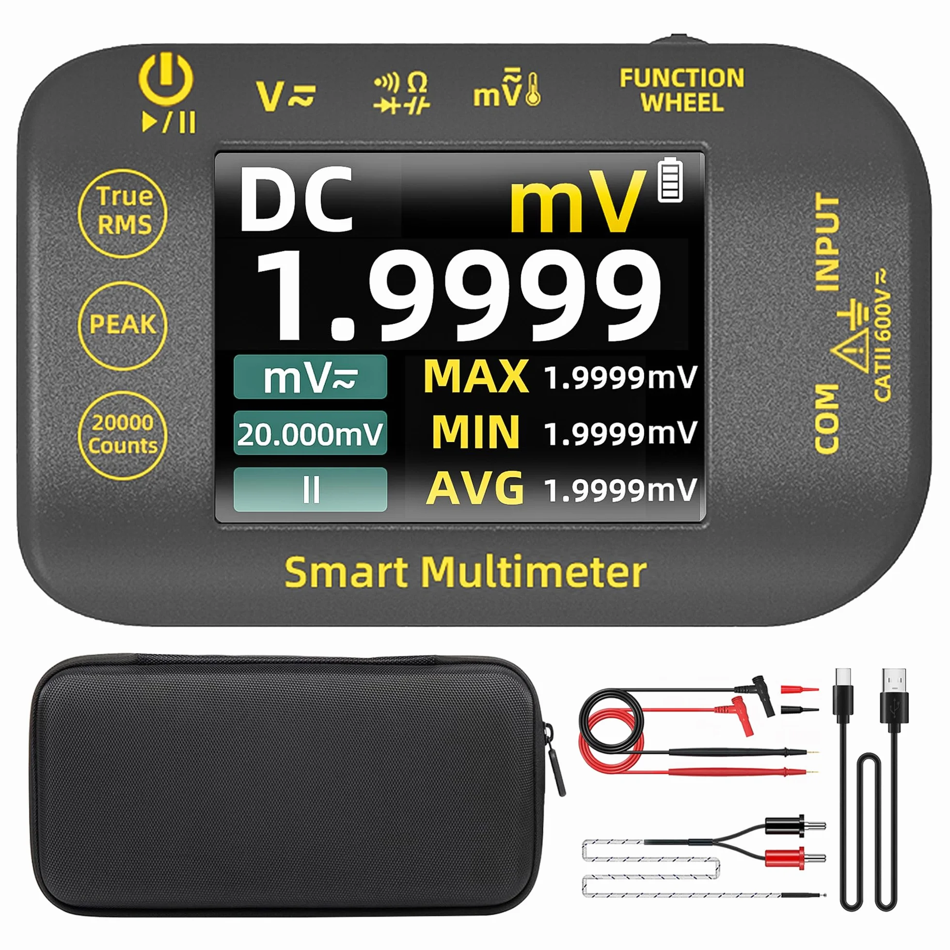 BSIDE Multímetro Digital Pequeño 20000 Cuentas Mini Multímetro de Bolsillo TRMS 1000V con LCD a Color y Soporte, S40 Tester Electricista Recargable para Fotovoltaica Milivoltios AC Peak