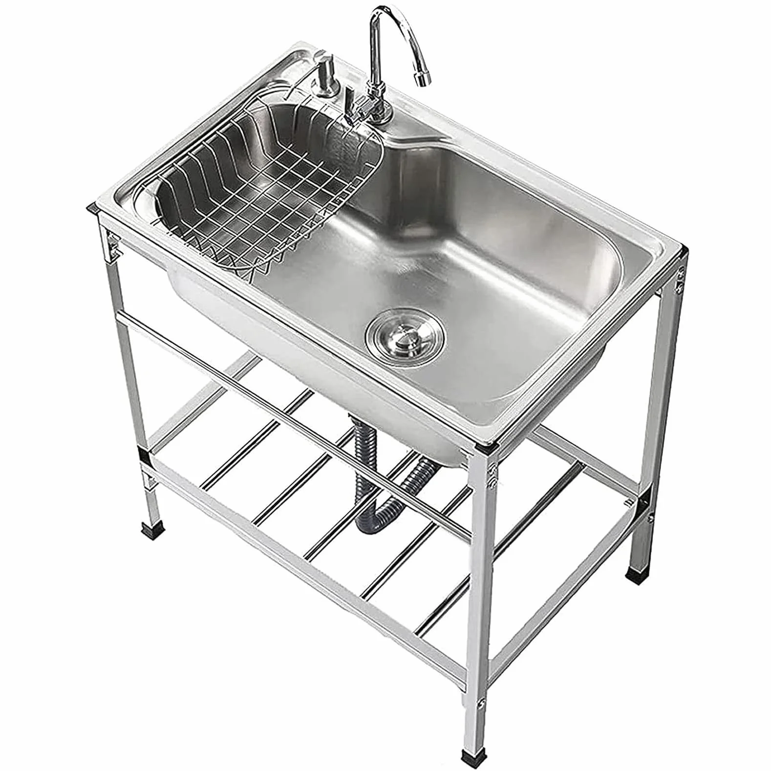 Fregadero 304 de acero inoxidable, 1 compartimento, independiente, fregadero comercial para restaurante con grifos fríos y calientes, preparación y uso, lavabo de mano para cocina, garaje, lavandería