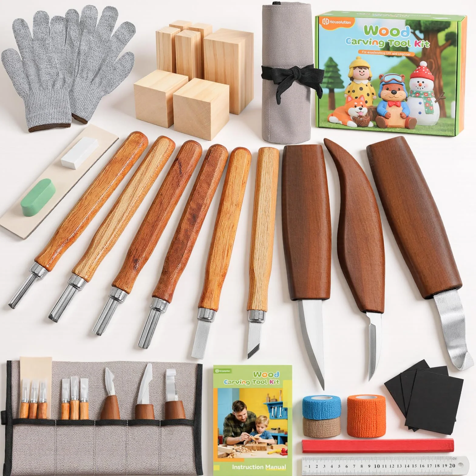 Housolution Kit de Tallado en Madera con Bolsa de Transporte, 29PCS Herramientas de Carpintería para Principiantes y Aficionados