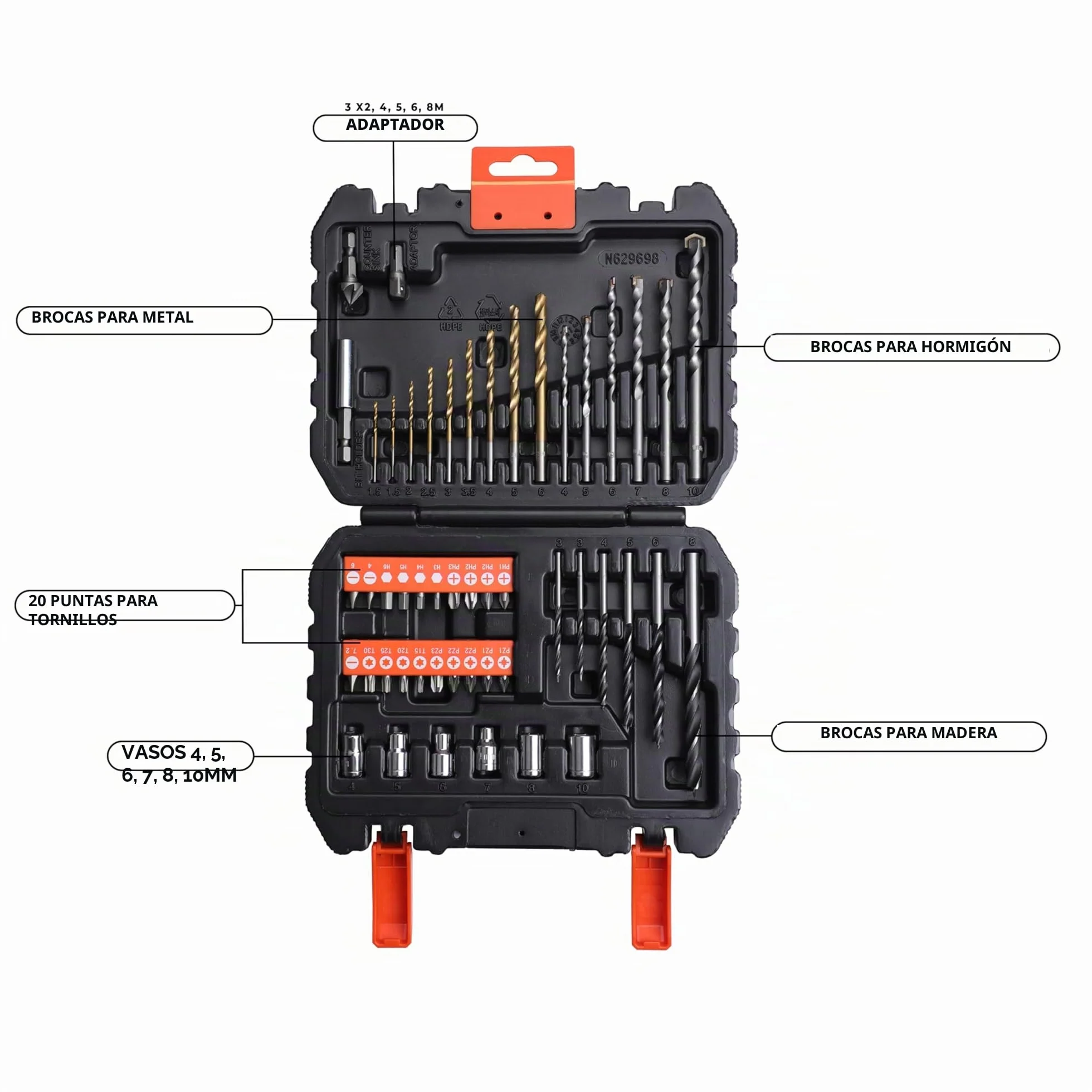 BLACK+DECKER Set de 50 Piezas para Atornillar y Taladrar: Brocas para Metal, Mampostería y Madera, Puntas de Atornillar, Llaves de Vaso, Adaptadores, Maletín Incluido,A7188-XJ