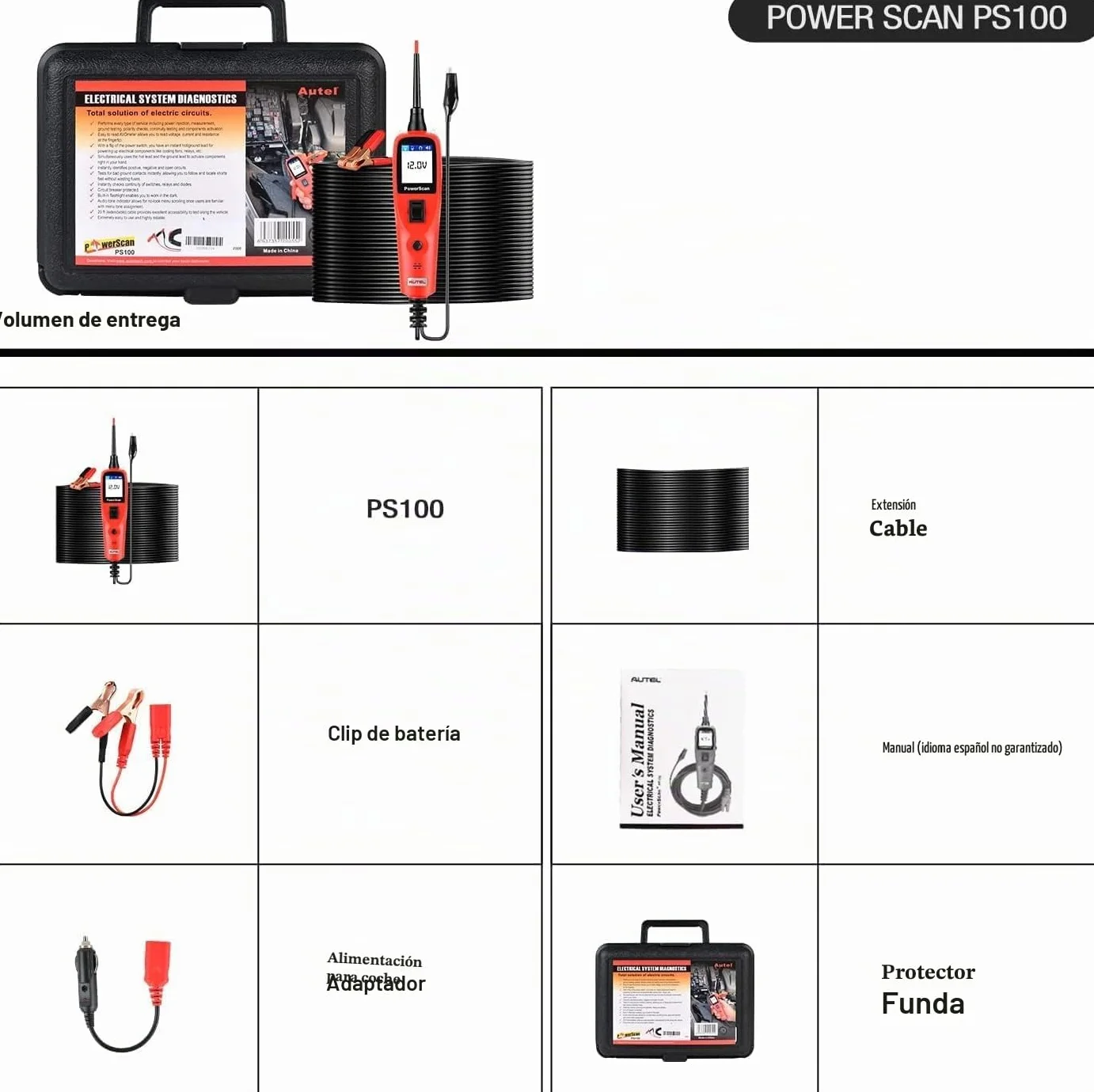 Autel PowerScan PS100 Kit Sonda Circuito, Herramienta Diagnóstico Sistema Eléctrico 12V 24V,Lectura Resistencia Corriente CA/CC, Activación Componente,Prueba Corto/Tierra/Continuidad/Remolque,6M Cable