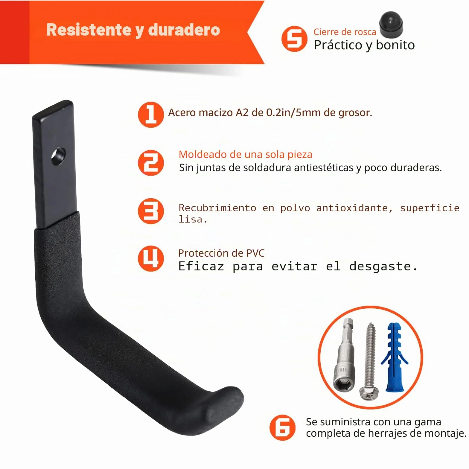 4 Ganchos Pared, Resistentes para Garaje, Ganchos para Colgar Almacenamiento, en J Soporte Herramientas Pared Multiusos, Ganchos para Colgadores para Equipo Deportivo (10 cm, 40 kg)