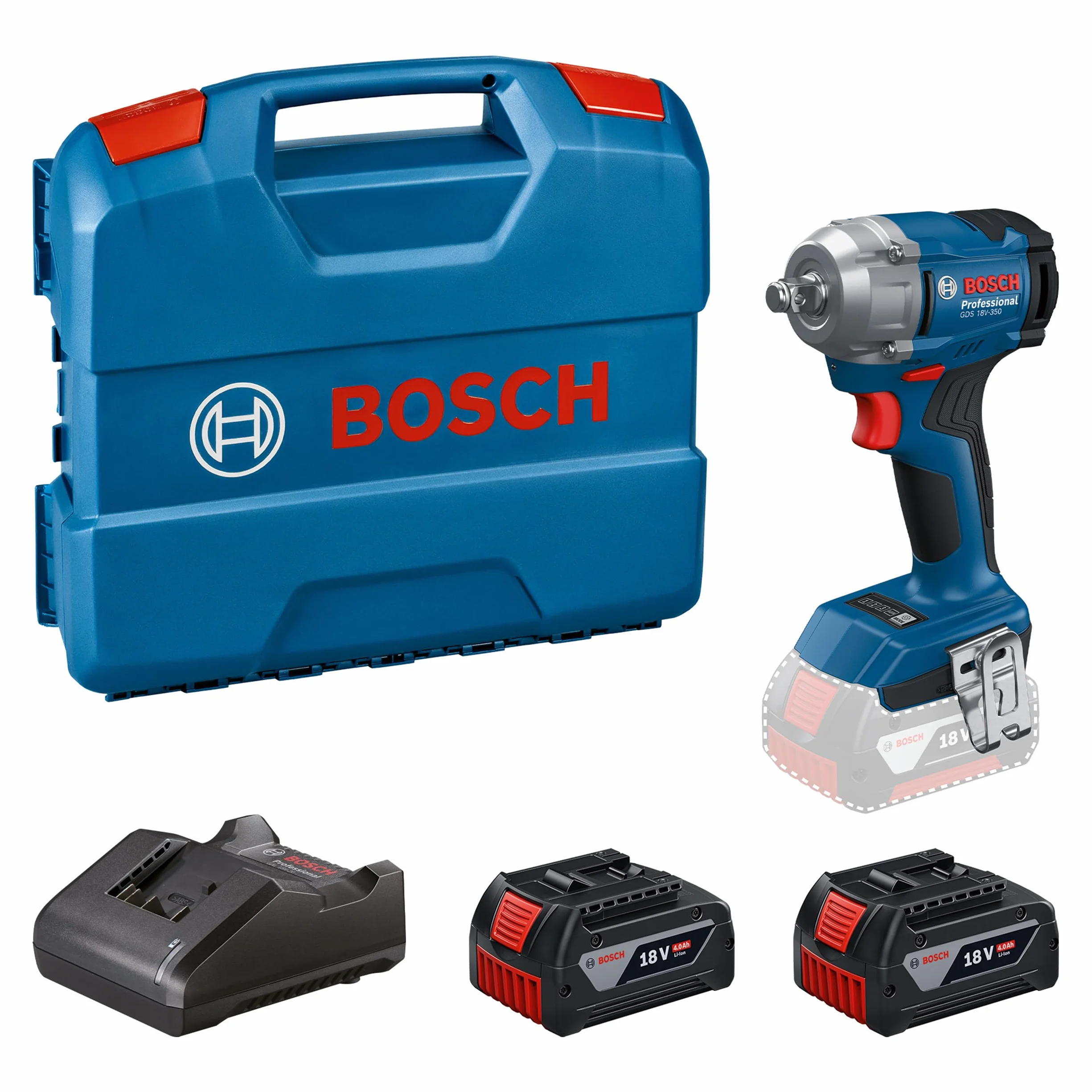 Bosch Professional 18V System llave de impacto a batería GDS 18V-350 (kit con 2 baterías de 4,0 Ah + GAL 1820, maletín de transporte)