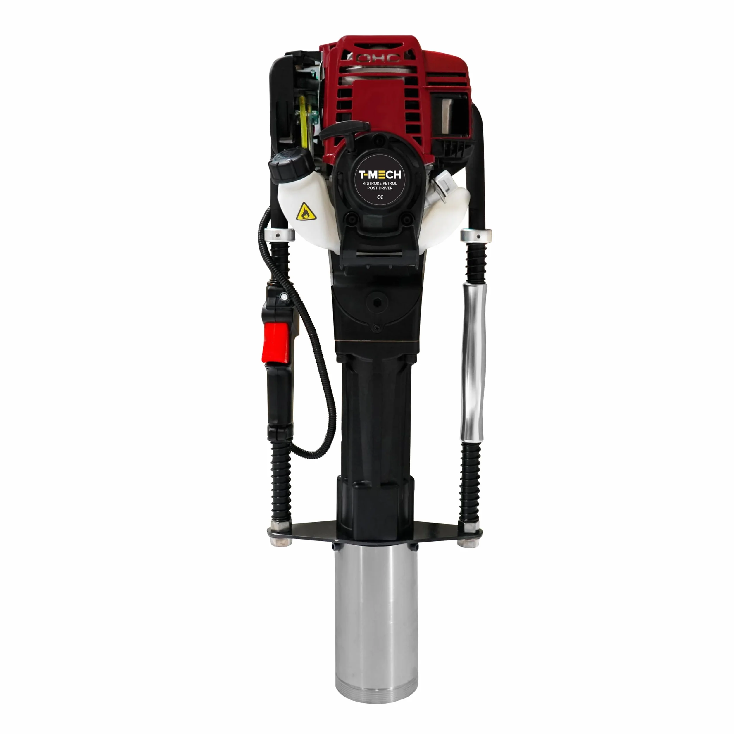 Clavador de poste de gasolina 4 tiempos T-Mech 900W 1,2HP 37,7cc | Fuerza de impacto 1350 rpm | 4 Accesorios 20-49mm, 50-69mm, 70-80mm, 100mm | Estuche con ruedas, Kit herramientas y grasa INCLUÍDOS