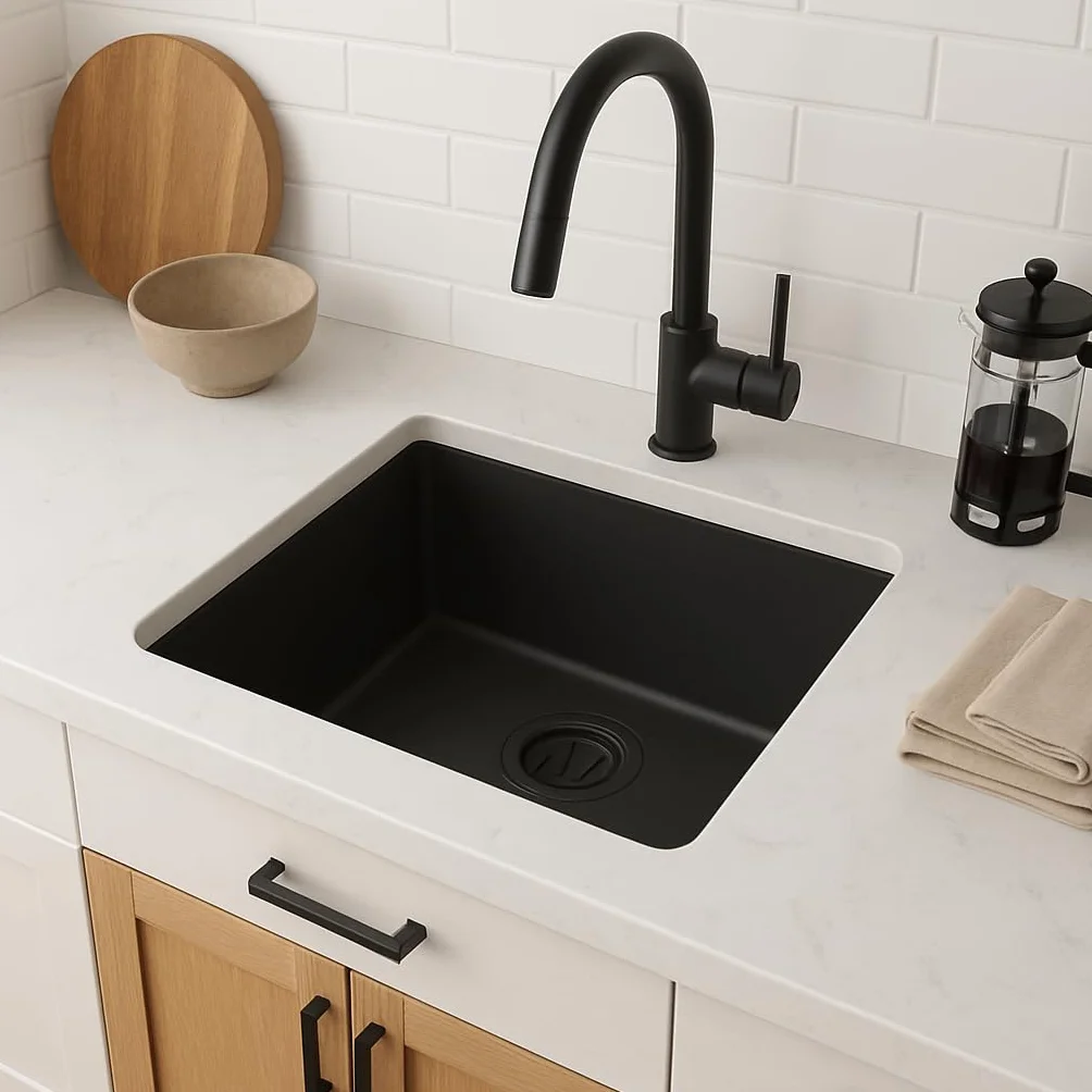 Edesa Fregadero Cocina Bajo Encimera 1 Cubeta Cuadrada FUJI BE 45X40 cm Acero Inoxidable Profundidad 18 cm Fondo Absorbente Accesorios Incluidos Color negro