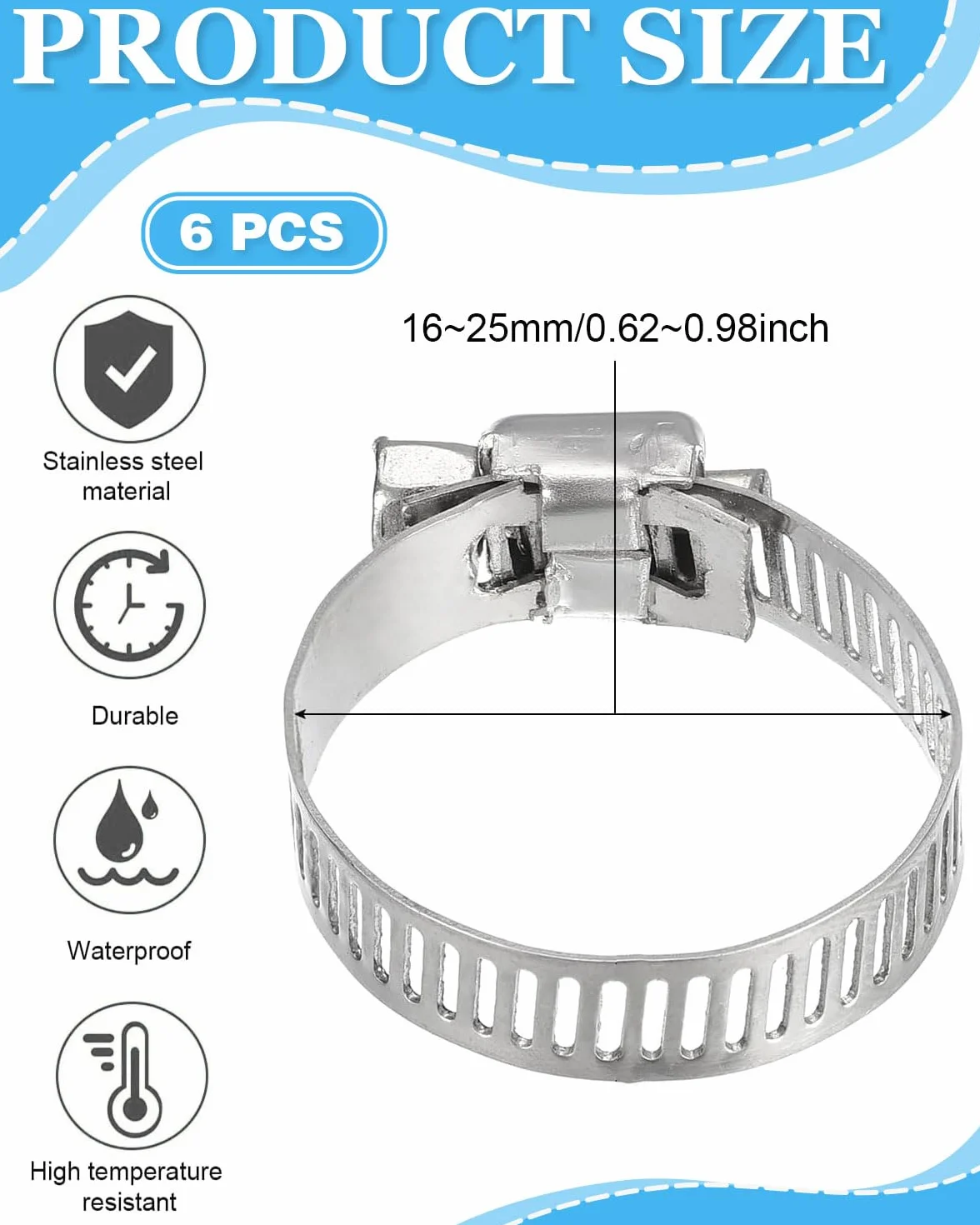 6 piezas Abrazaderas Metalicas para Tubos, Acero Inoxidable Ajustable 16-25 mm, Abrazaderas Tubo, de Manguera de Acero Inox para Mangueras Tubería de Agua Piscina