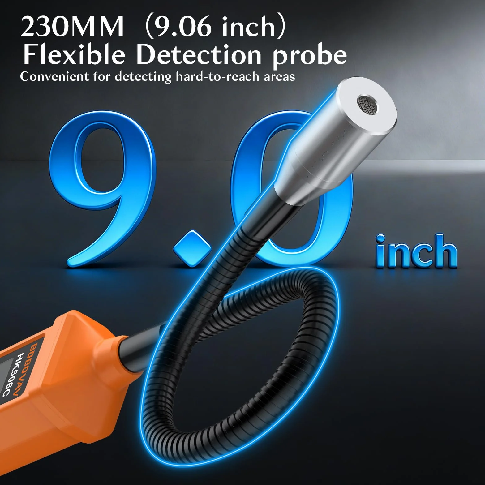 Detector de Gas Universal con Sonda 360° de 20cm, Doble Sensibilidad (300-10000ppm), Alarma Visual LED y Sonora (65dB), Modo Silencio, Tiempo de Precalentamiento 30s