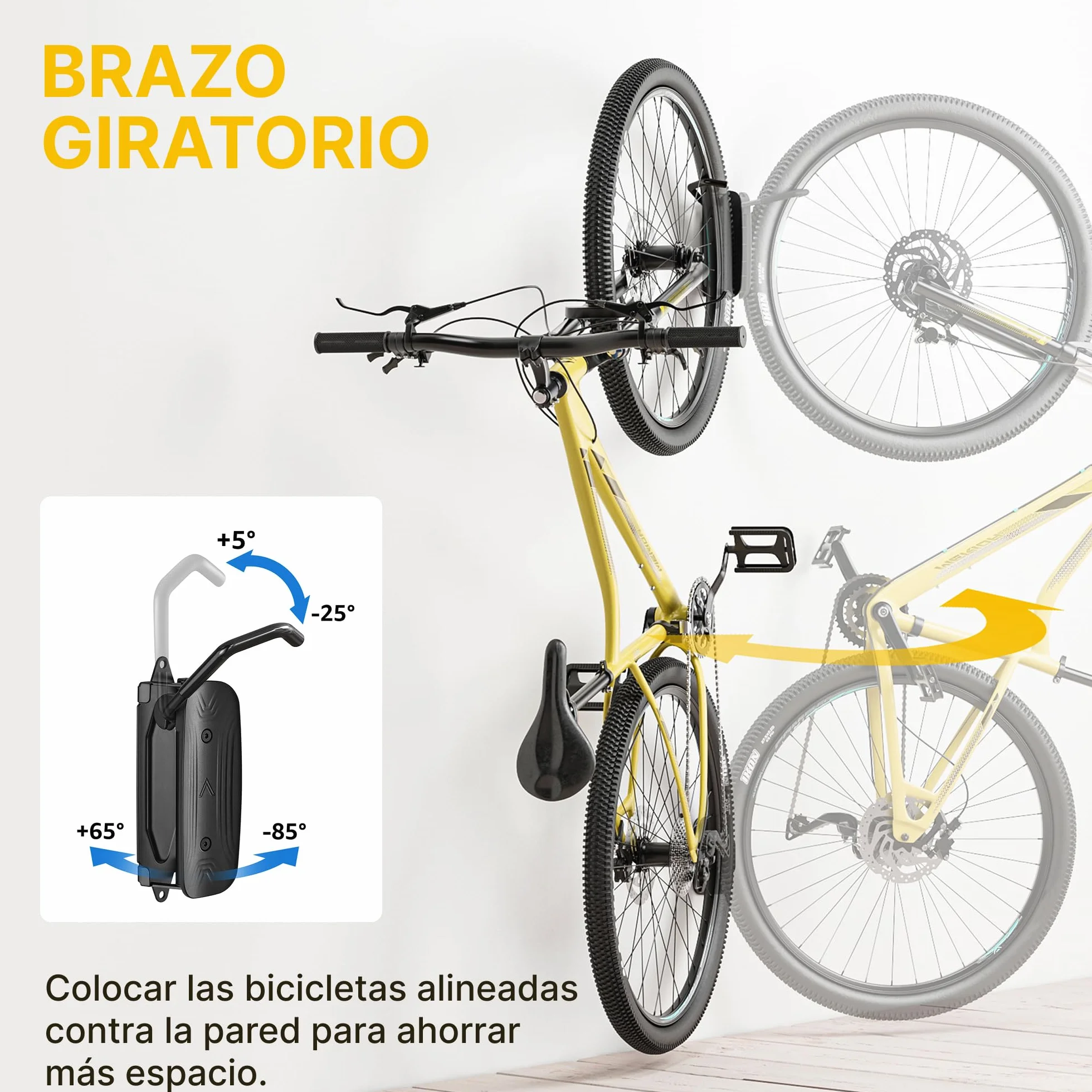 monTEK Soporte Bicicleta Pared Giratorio, Colgador Bicicleta para Garaje, Soporte Vertical para Bicicletas MTB y Carretera, Ahorra Espacio