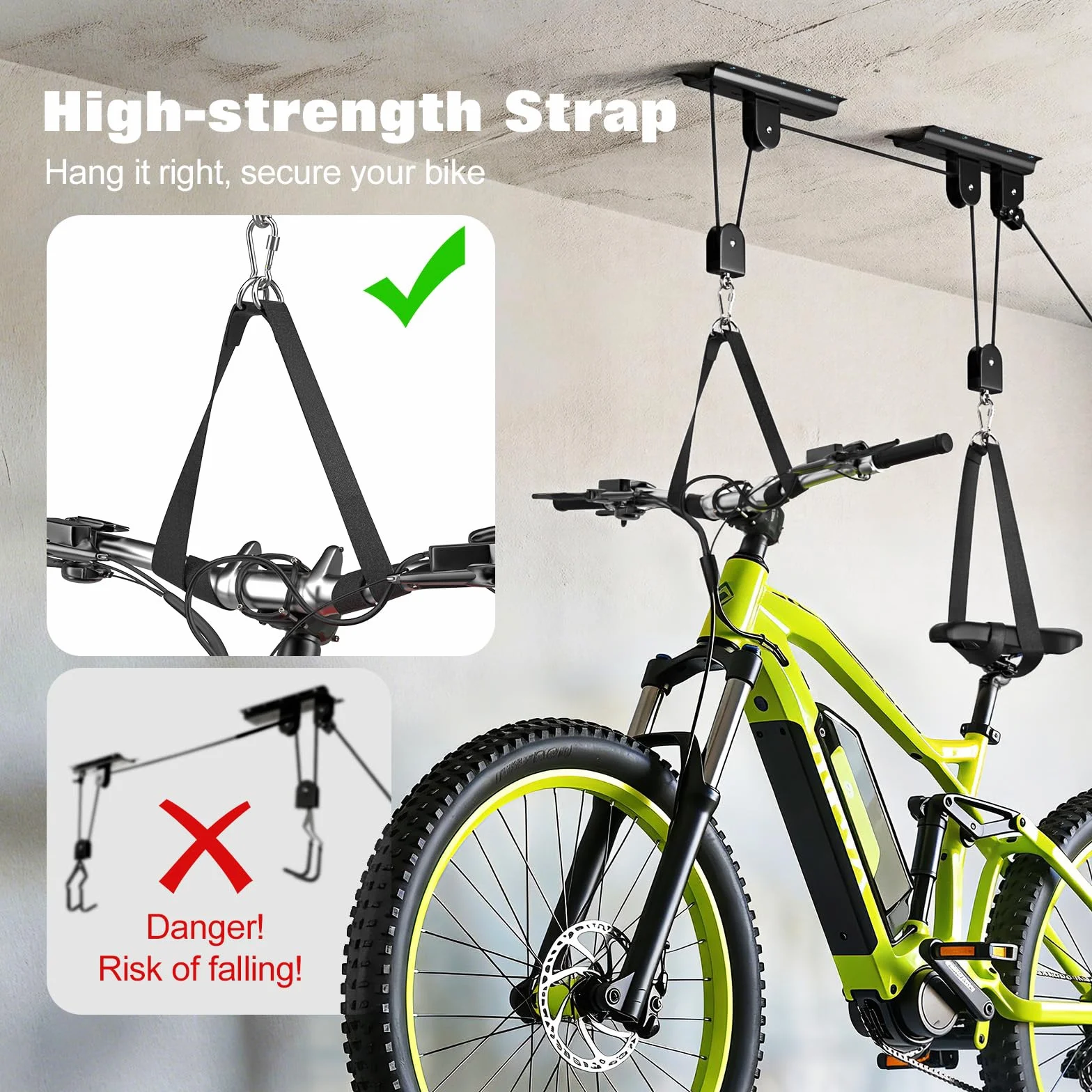 Housolution Elevador Bicicletas, [2 Unidad] Sistema Polea 88Lbs, Apto Techos 10-16 Pies, Sistema Almacenaje Techo Resistente para Bici Carretera, MTB, Fatbike, Ebike, Escaleras, Snowboard