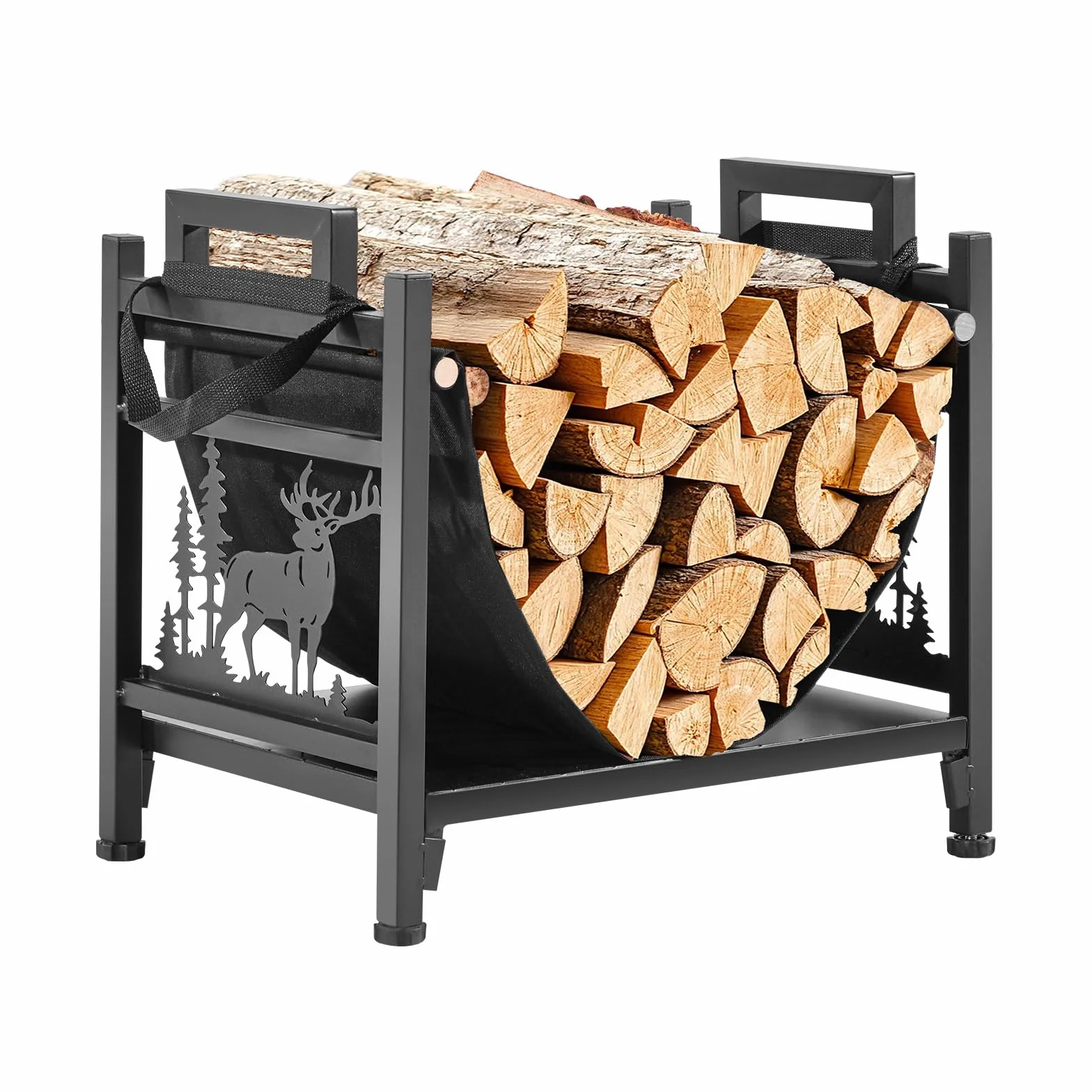 VEVOR Estante de Leña 450 x 315 x 415 mm Marco de Metal con Recubrimiento en Polvo Soporte de Leña Capacidad de 18,1 kg con Portador de Transporte de Lona Leñero Resistente para Chimenea, Negro