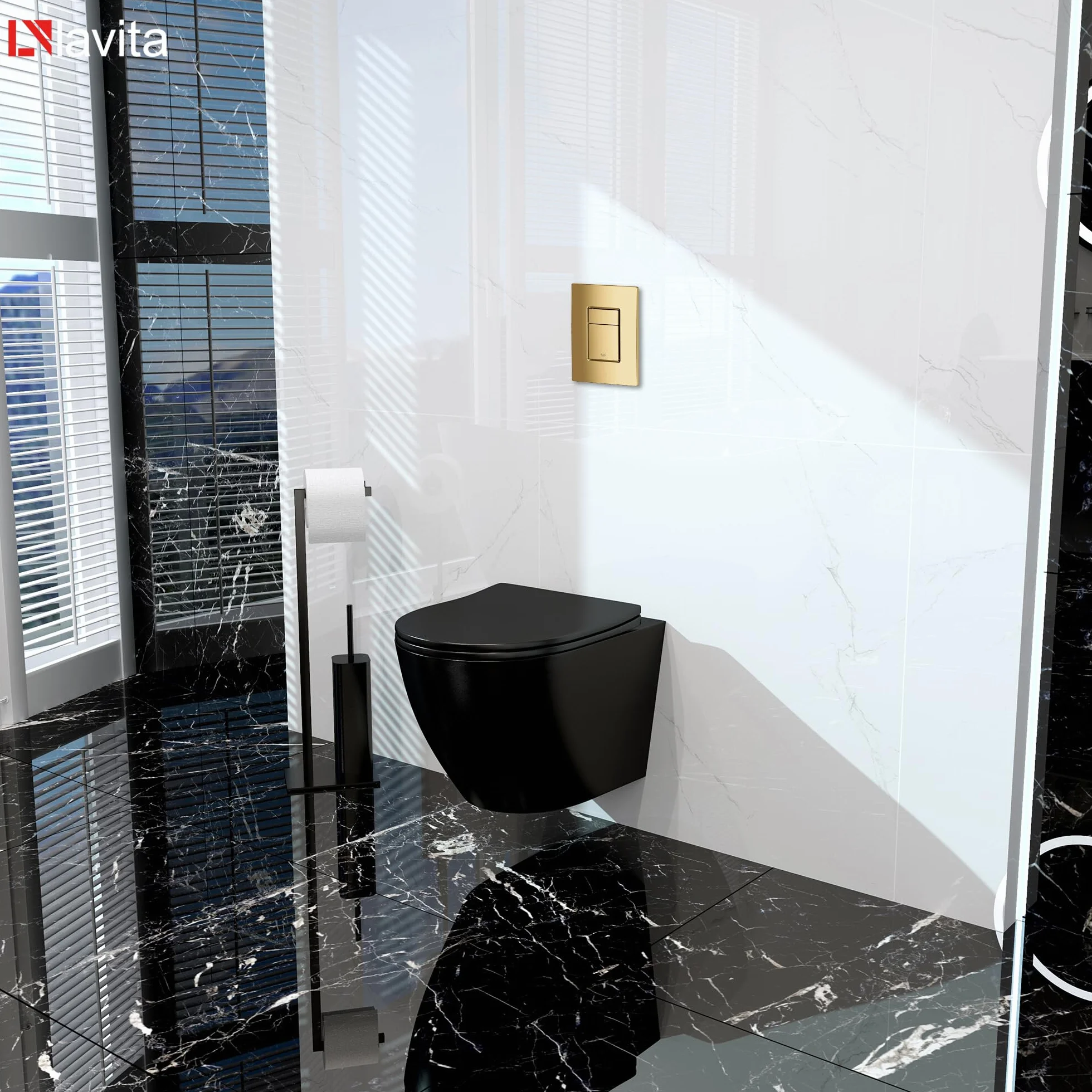 LAVITA | Elemento de pared Solido + pared colgante de inodoro Sinto negro sin borde + asiento de inodoro SoftClose | Botón dorado | Juego completo | cisterna empotrada | inodoro completo