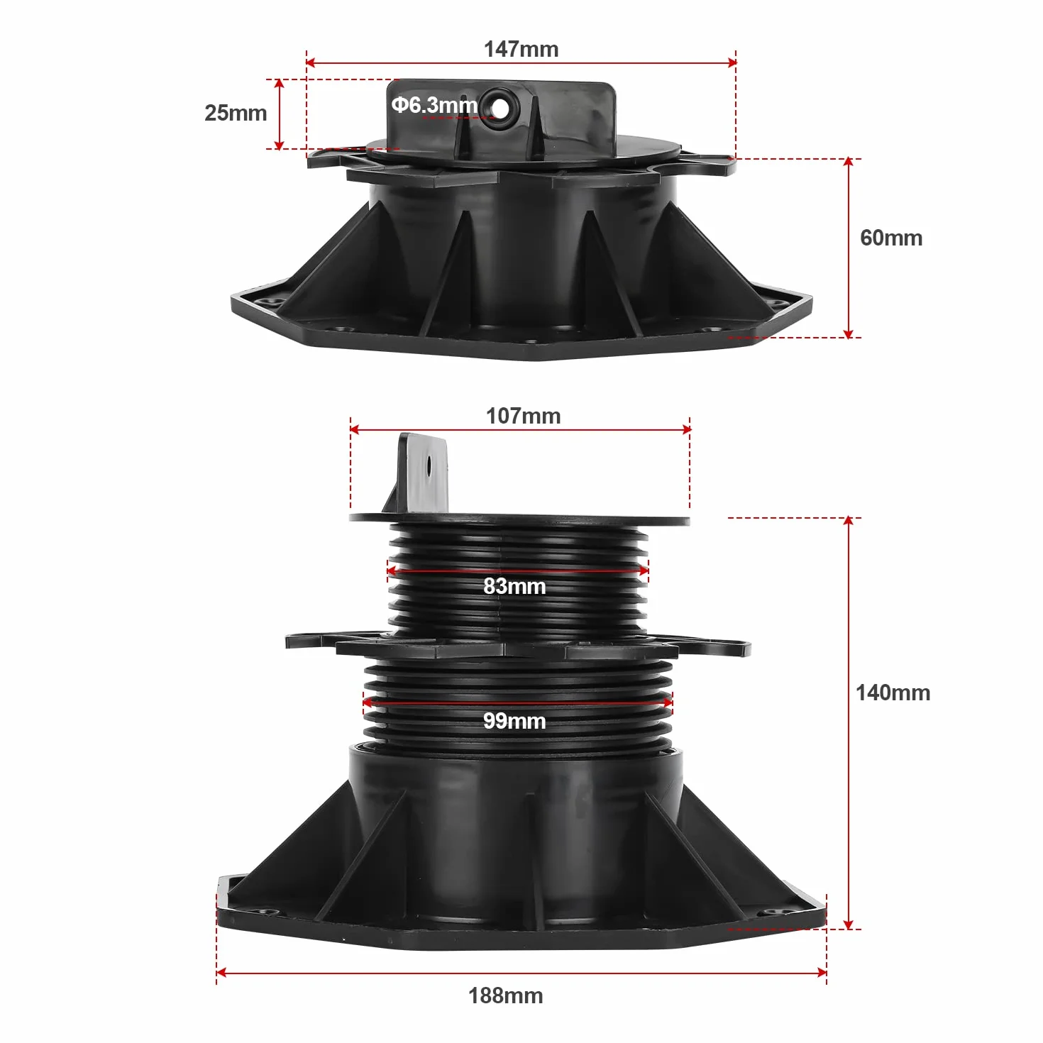Daromigo Soportes para terrazas, 30 unidades, altura regulable, 60-140 mm, patas niveladoras para terrazas de suelo, placas de suelo para terrazas subestructura, WPC