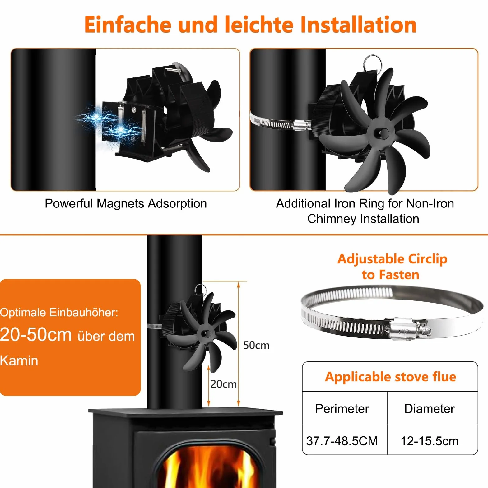 Ventilador Magnético para Estufa de Leña, Ventilador de Chimenea de 7 Aspas, Silencioso y de Bajo Consumo, ventilador de tubería con termómetro
