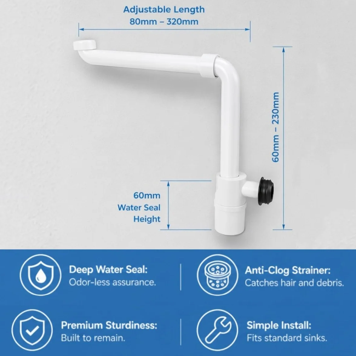 Sifón Desagüe Flexible 1 1/4" Antiolores Sello Hidráulico 60mm Tubo Lavabo Baño Autolimpiable Kit Fontanería Blanco