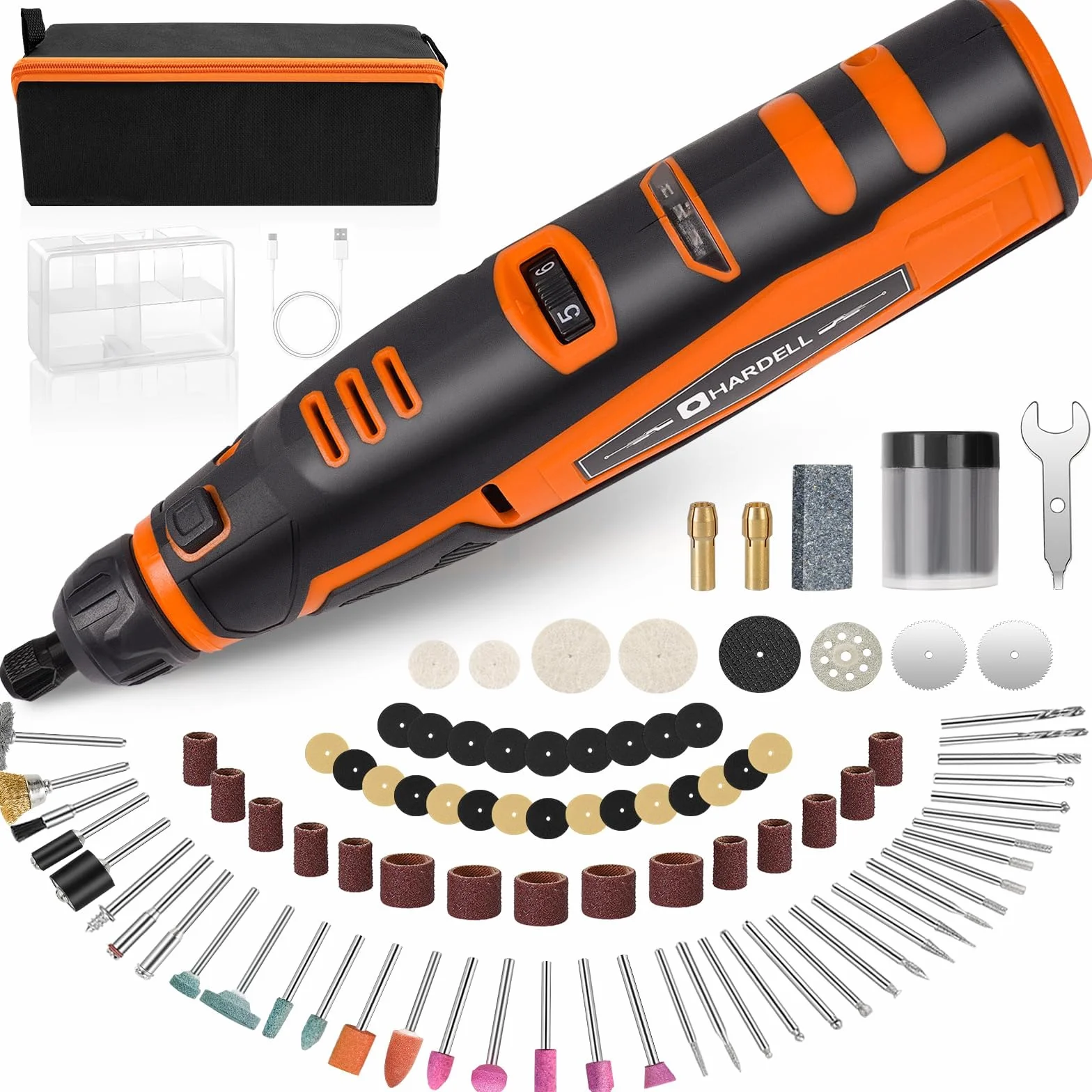 HARDELL Herramienta Rotativa 12V Inalámbrica con 94 Accesorios, 6 Velocidades (5000-30000 RPM) para Grabado, Pulido, Lijado, Taladrado, Corte y Bricolaje + Bolsa