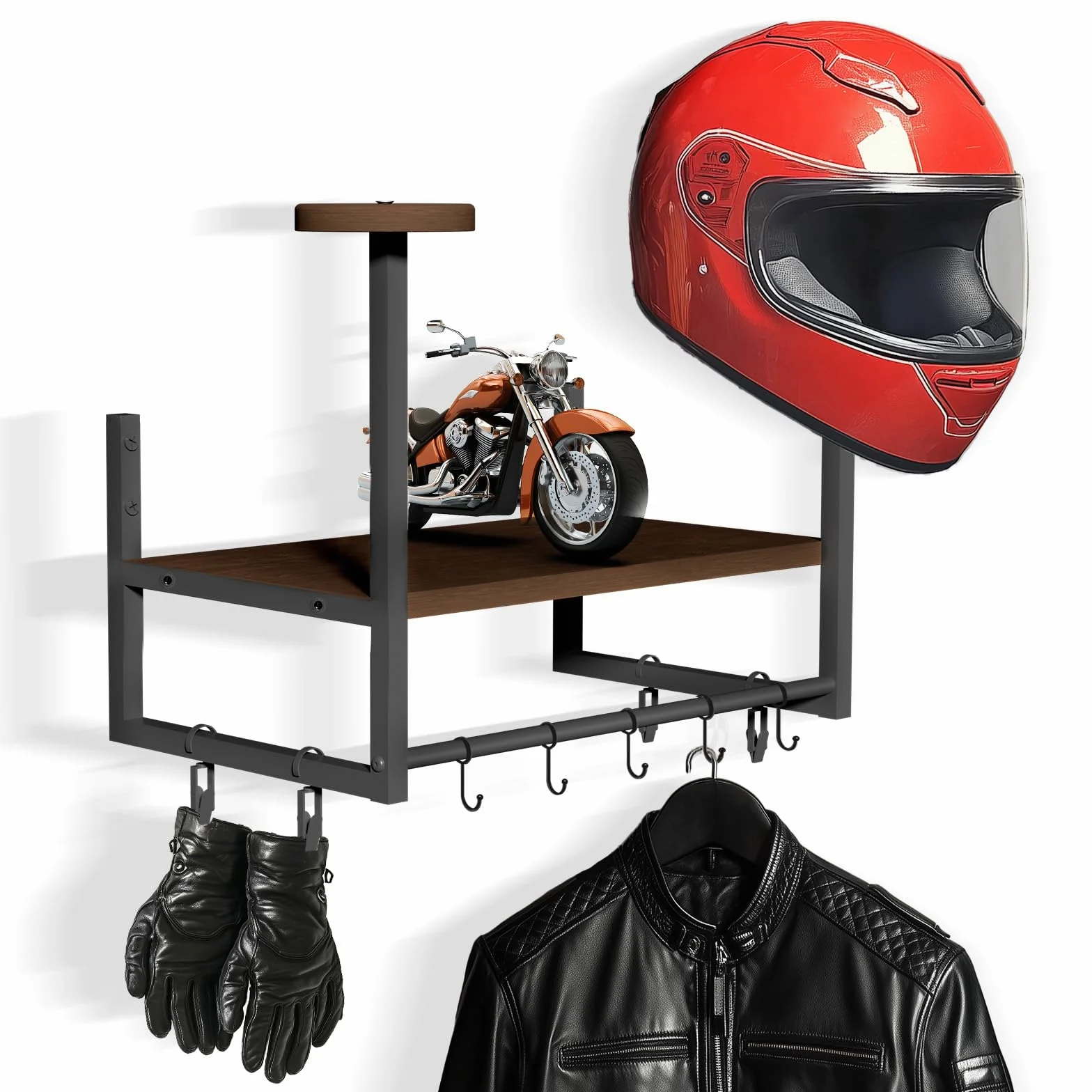 Soporte de pared moto para casco, colgador casco moto pared Perchero con tablas de capas de madera, 2 soportes para casco, fútbol y equipo de ciclismo, Marrón oscuro