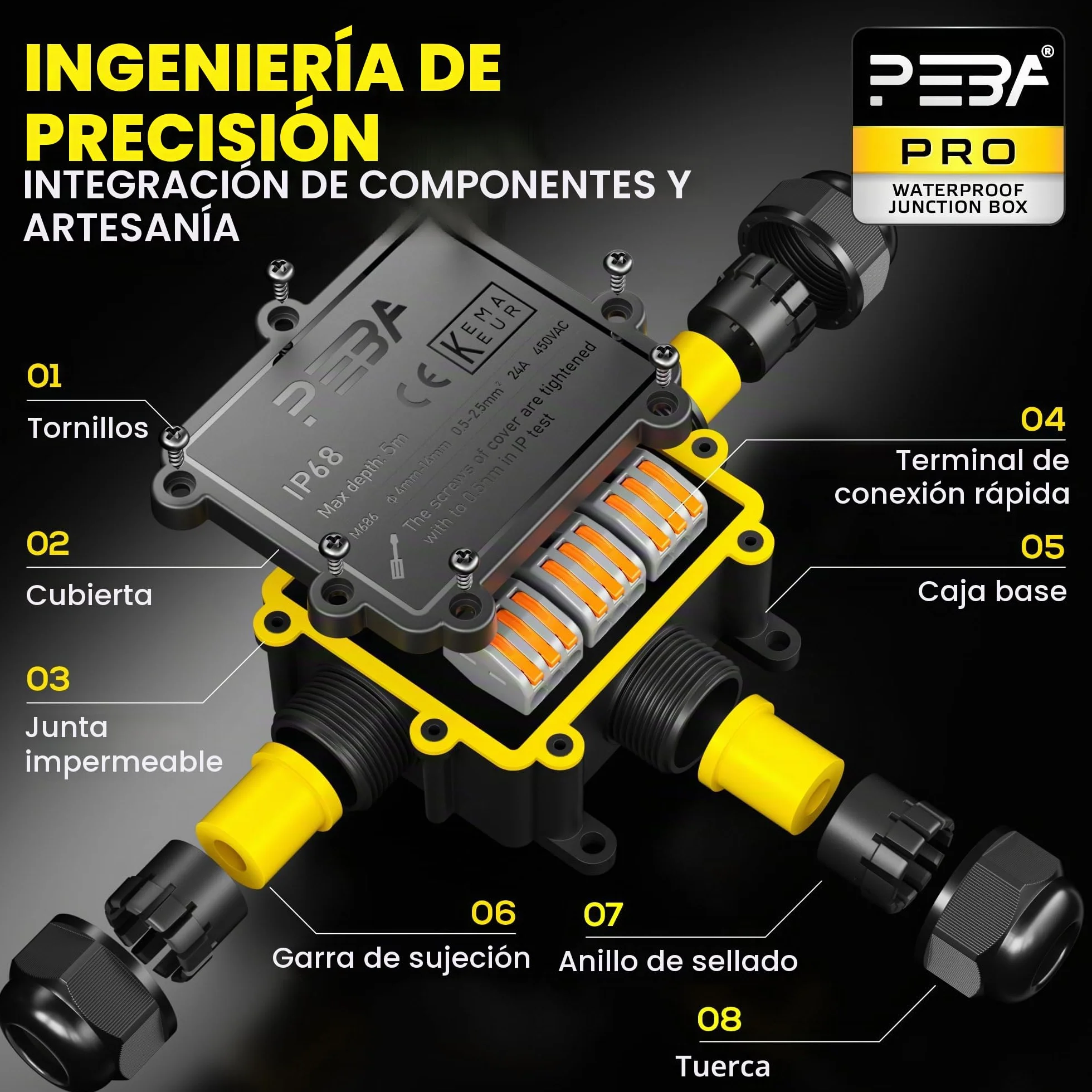 PEBA Cajas de Conexiones Impermeable IP68, 3 Vías Cajas de Empalmes Conector de Cables, Jardín Interior Exterior Subterráneo Cajas Conexiones, Diámetro de 4-14 mm