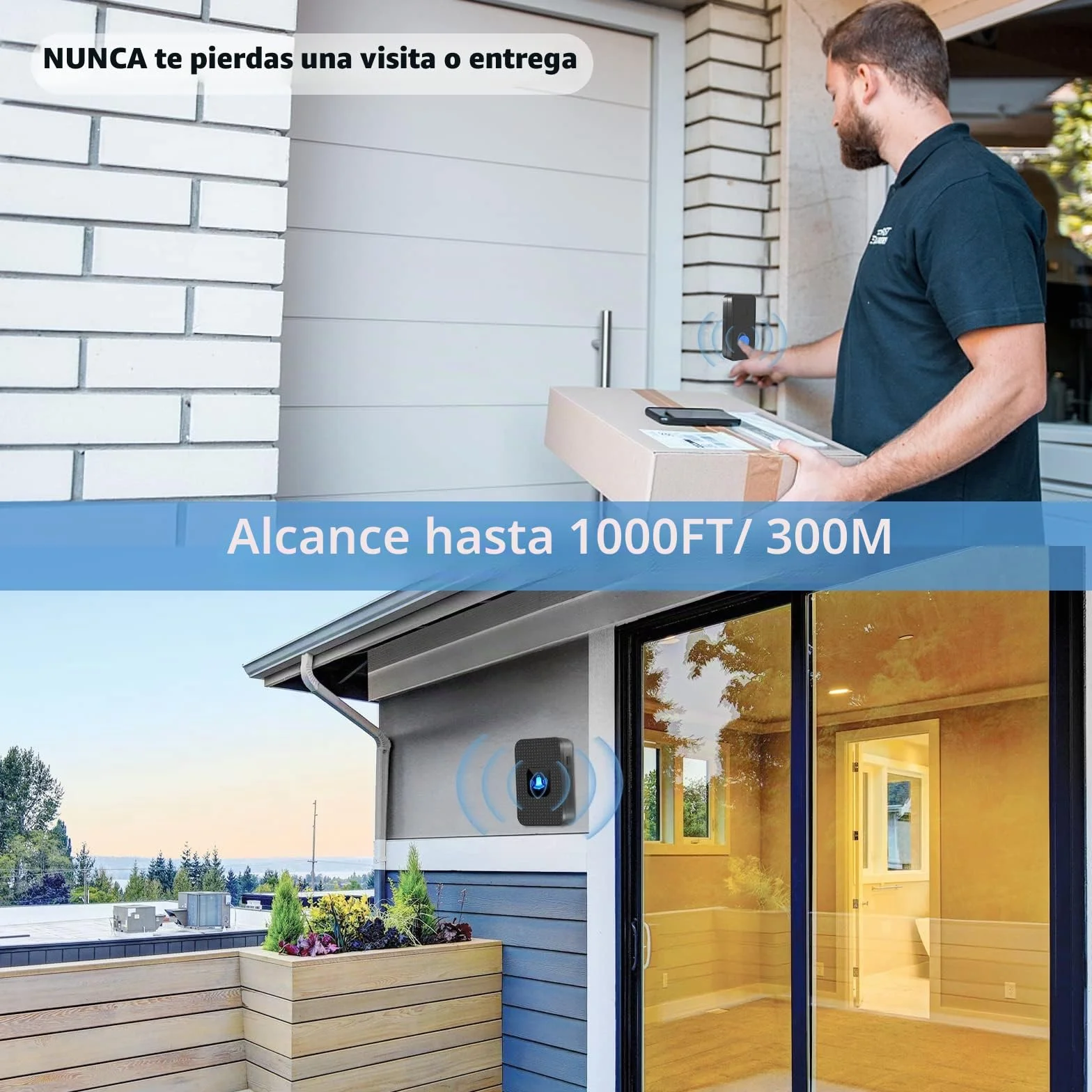 Nestling Timbre Inalámbrico, Kit Timbre Inalámbrico Exterior Impermeable IP55, Alcance 300m, 55 melodías, 5 Niveles de Volumen, LED Azul para Emergencias en el Hogar Oficina, Negro