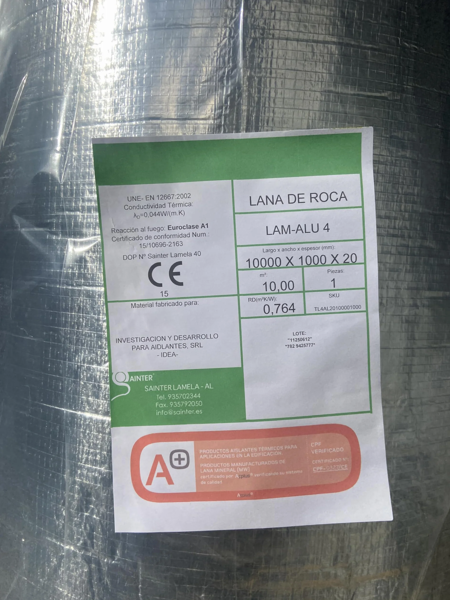 Sainter® Fieltro Lamela de Lana de Roca con Aluminio, 40 Kg/m³ Medidas 10000x1000x20mm Aislamiento Térmico y Acústico, Resistente al Fuego A1, para Tuberías y Conductos.