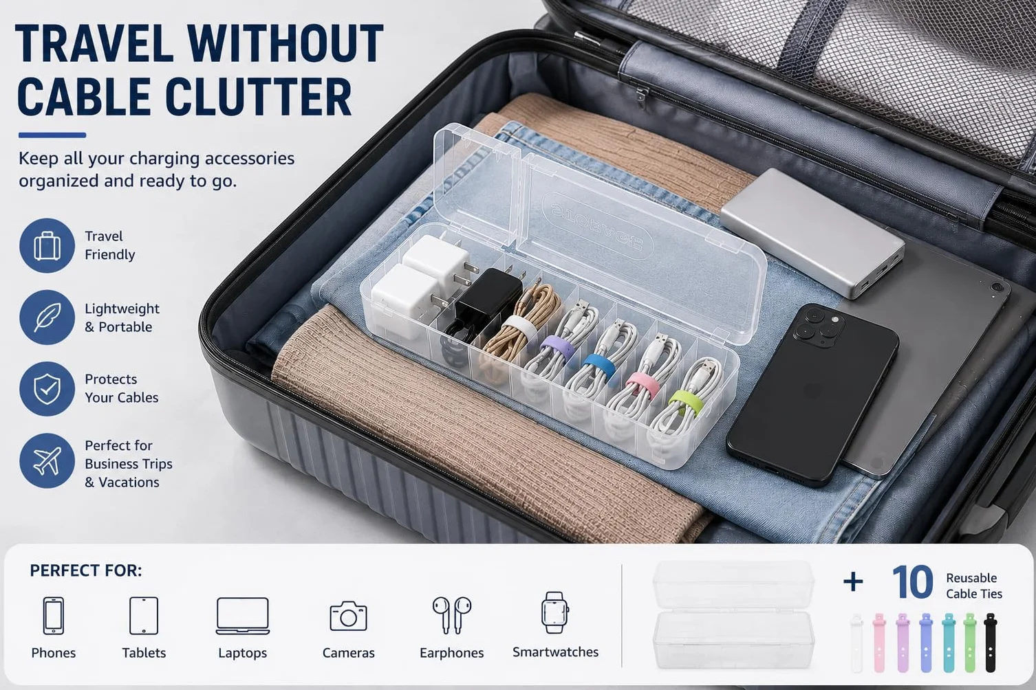 Caja de almacenamiento para cables, 2 unidades, 7 compartimentos, transparente con 12 bridas, organizador de doble apertura
