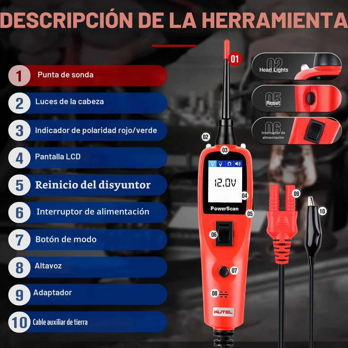 Autel PowerScan PS100 Kit Sonda Circuito, Herramienta Diagnóstico Sistema Eléctrico 12V 24V,Lectura Resistencia Corriente CA/CC, Activación Componente,Prueba Corto/Tierra/Continuidad/Remolque,6M Cable