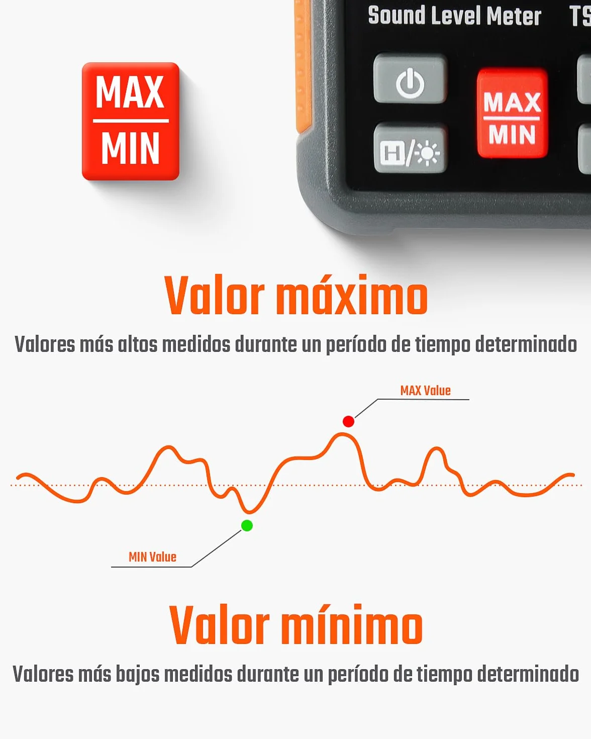 TopTes TS-501A Sonómetro Medidor de Decibelios 30-130 dB LCD 2,25 Pulgadas Naranja
