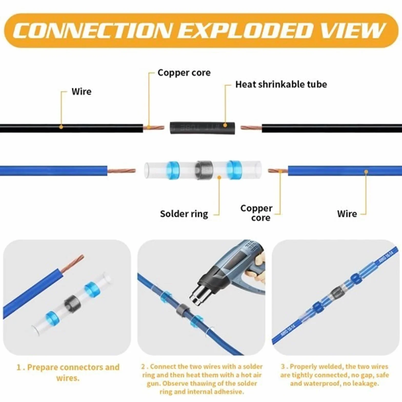 Conectores Termorretractiles Conectores termorretráctiles, terminales de Tubo de Manguito, Empalme eléctrico, Conector de Cable, Soldadura, Cable eléctrico(Blue AWG 16-14,200pcs)