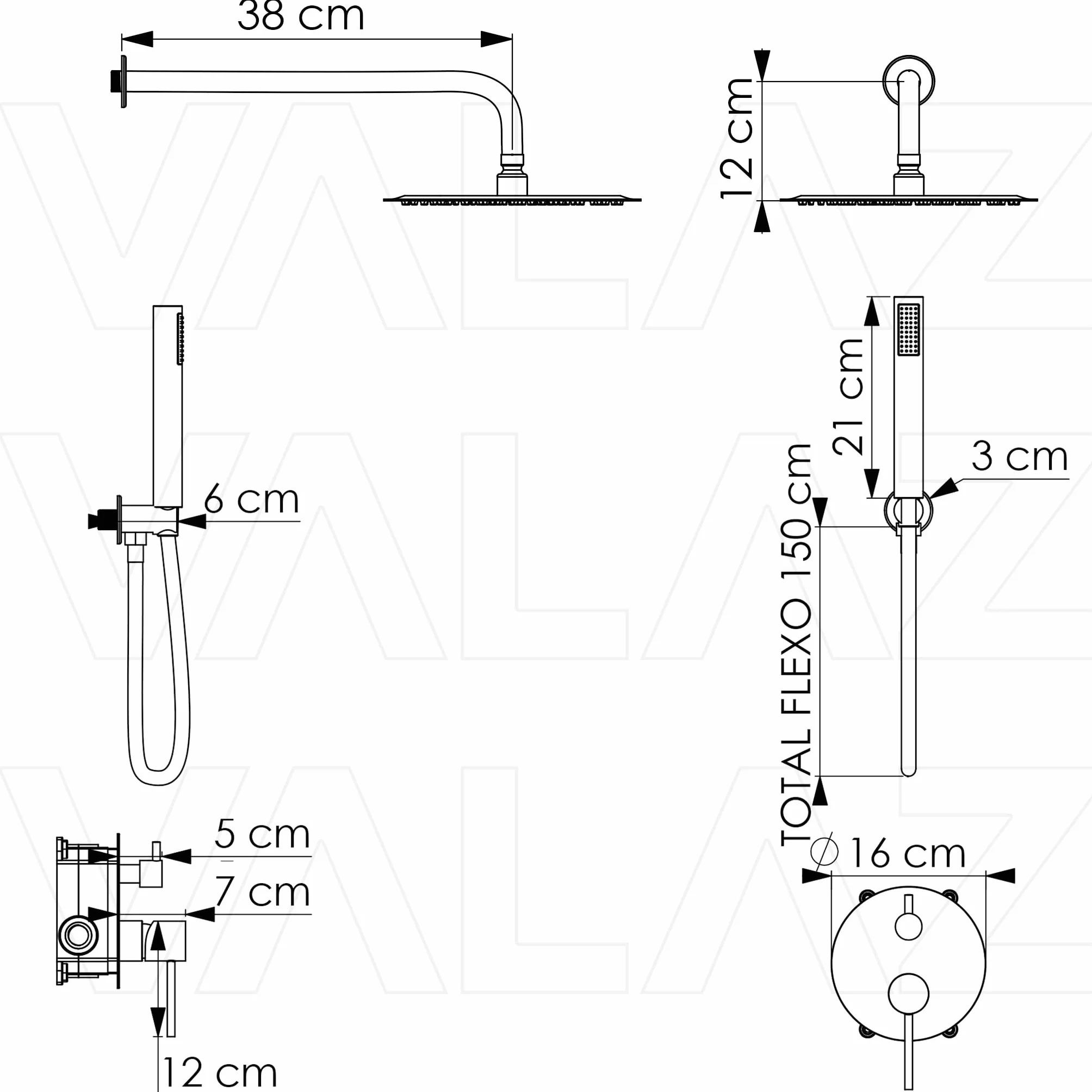 VALAZ bateria empotrada monomando redonda a pared Negro mate Serie Cenia z rociador deszczownica 20cm