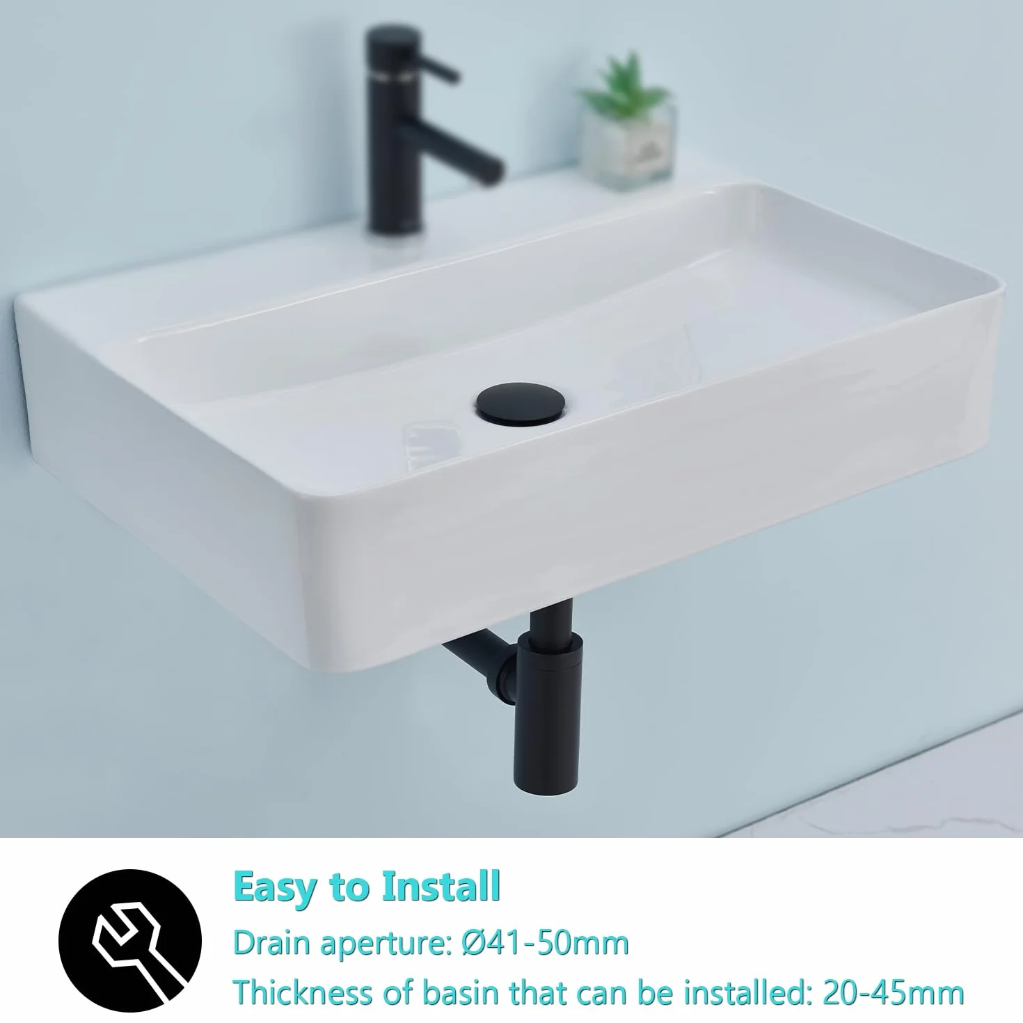 Sifón Lavabo Negro Universal con Desagüe sin Rebosadero, Altura Ajustable, Válvula Click Clack