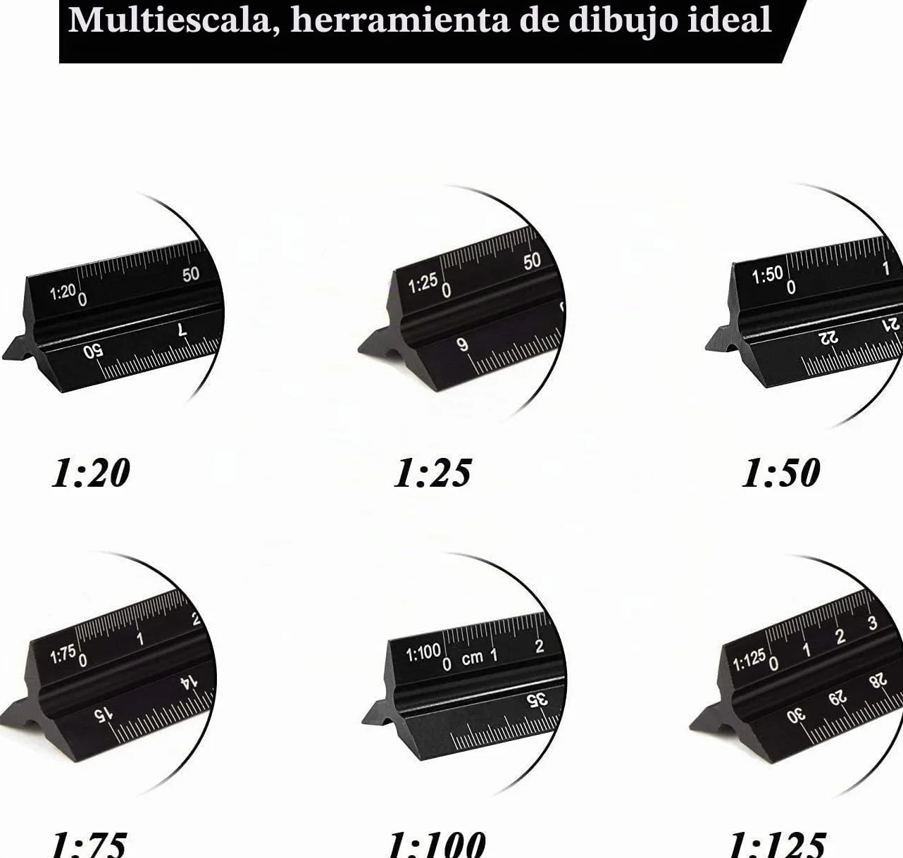 Escalímetro triangular de aluminio 30 cm precisión 1:20 1:25 1:50 1:75 1:100 1:125
