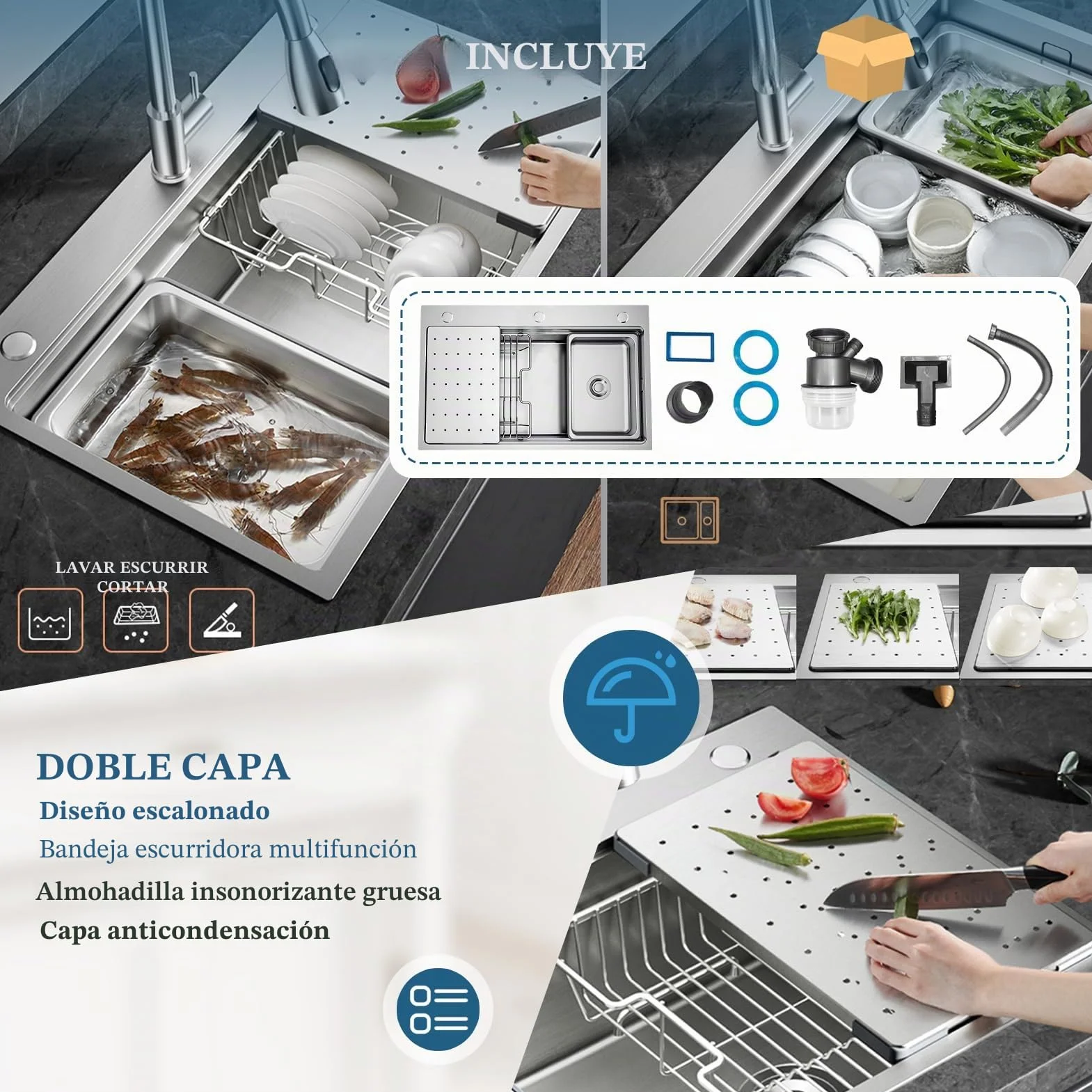 Fregadero de cocina multifunción de 65 x 50 cm, de acero inoxidable 304, hecho a mano, fregadero de cocina grande de una bañera, instalación a ras o sobre encimera con bañera extraíble