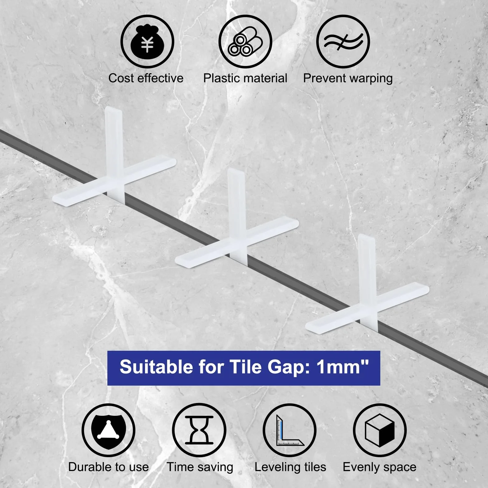 QUARKZMAN 300 Piezas Separadores de Azulejos 1mm 3/64" Separador de Plástico en Cruz para la Instalación de Azulejos de Pared y Suelo, Blanco