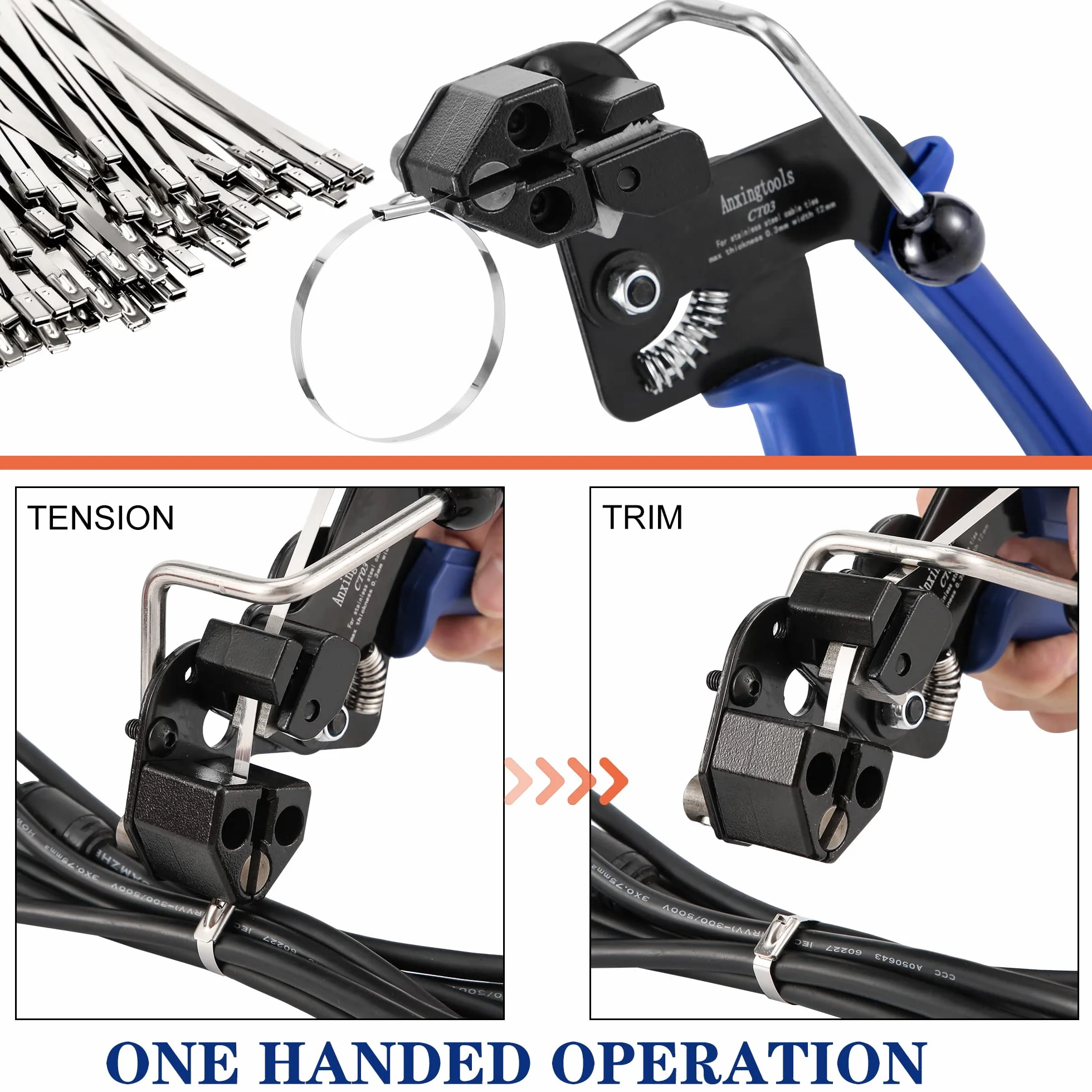 200PCS Kit de pistola de envoltura de amarre de metal, pistola de amarre de cable de acero inoxidable Herramienta de tensión y corte ajustable con 200pcs Bridas de cable de acero inoxidable 304