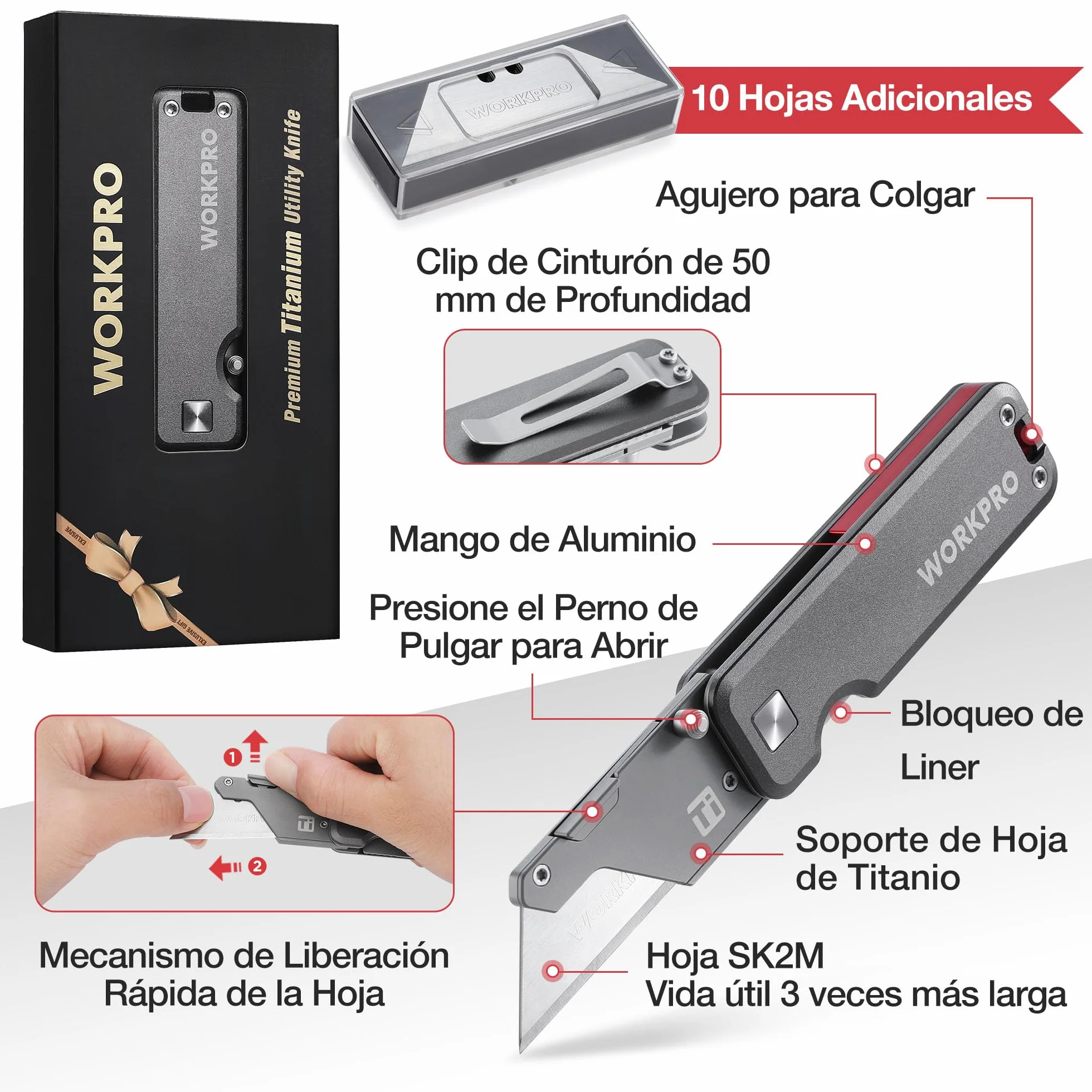 WORKPRO Cúter Plegable de Titanio CNC, Navaja Utilitaria Profesional con Mango de Aluminio Ligero, Incluye 10 Cuchillas Adicionales