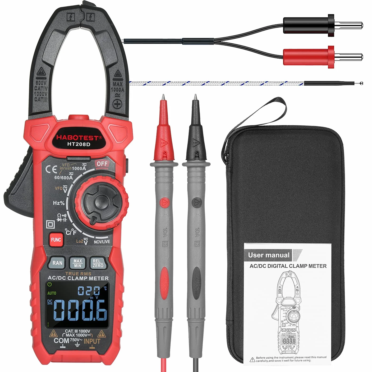Domary Pinza Amperimétrica Digital de HABOTEST con Función de Corriente Entrada para Uso Profesional Tamaño Mandíbula 40 Mm Negro y Rojo 1 Unidad